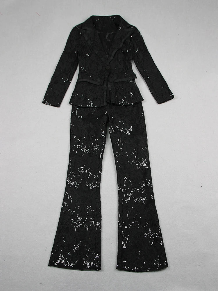 Women’s Guipure Lace Blazer & Flare Pants Set – High Street Designer