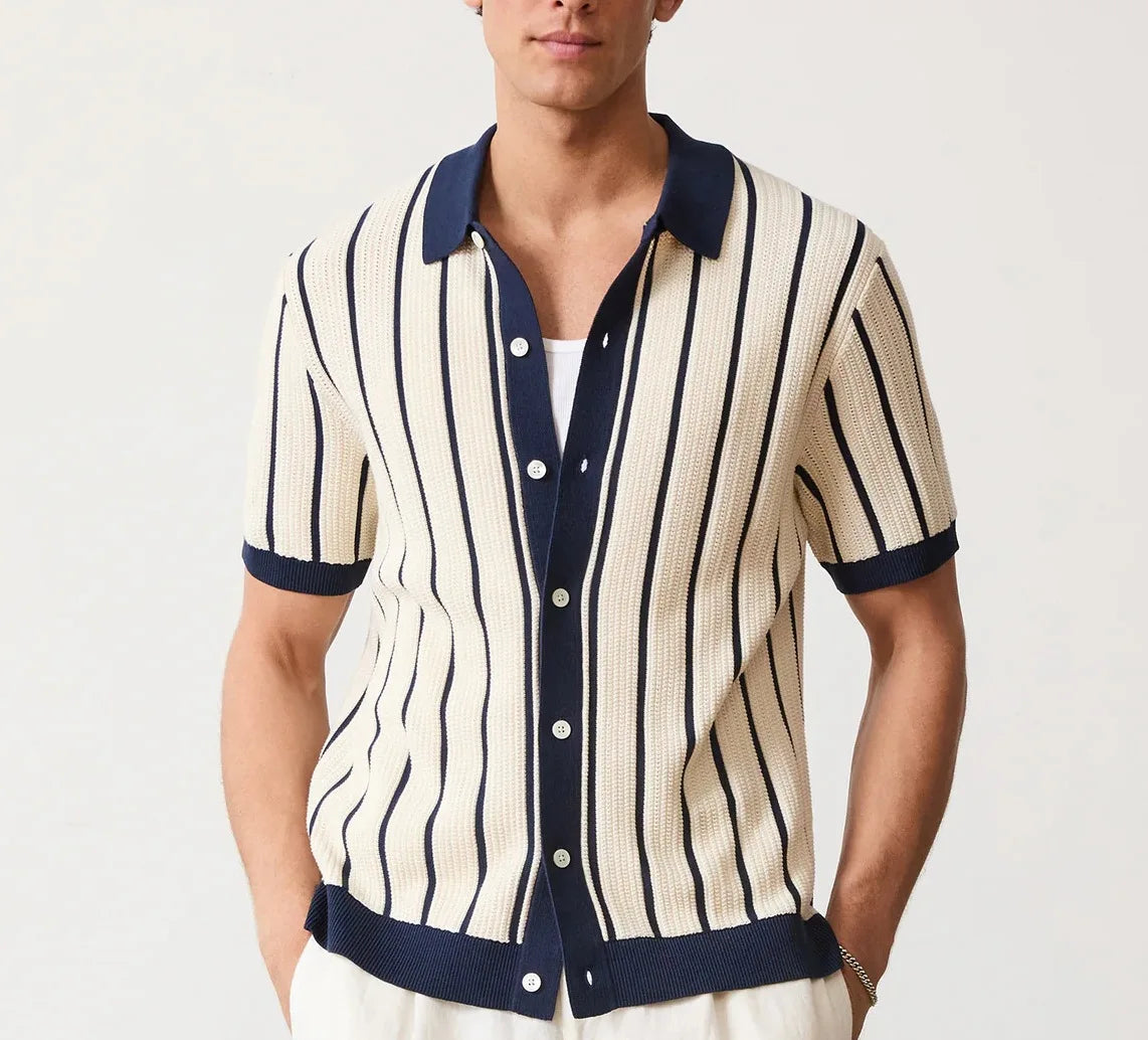 Men’s Summer Striped Knit Polo Shirt Short Sleeve