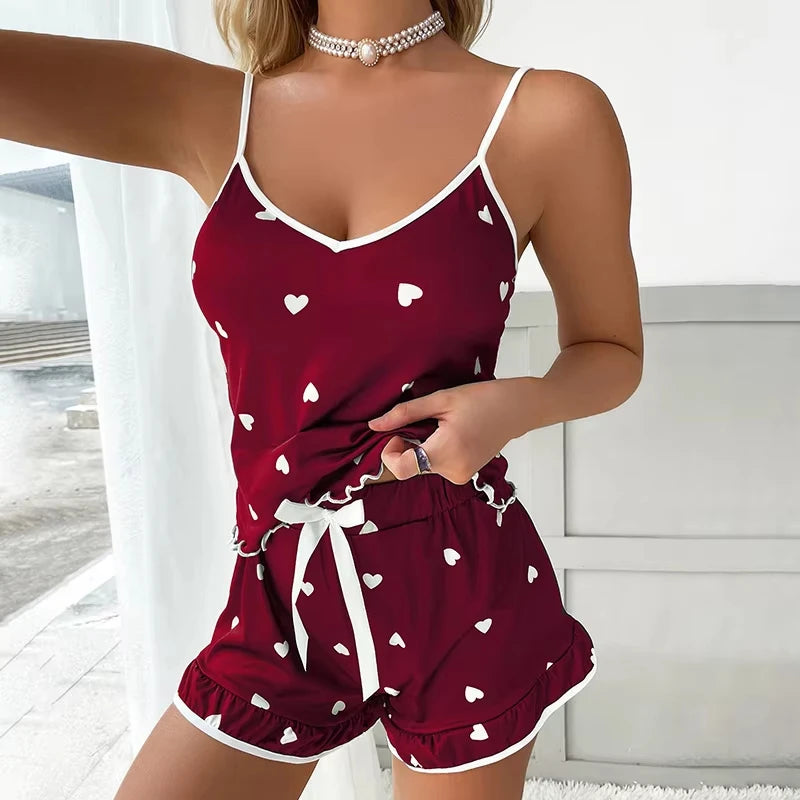 Women’s Printed Pajama Set – Sleeveless Top & Ruffle Shorts