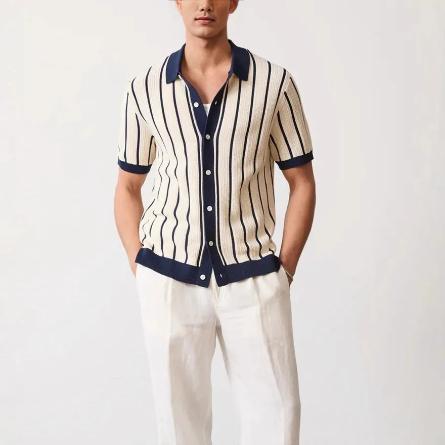Men’s Summer Striped Knit Polo Shirt Short Sleeve