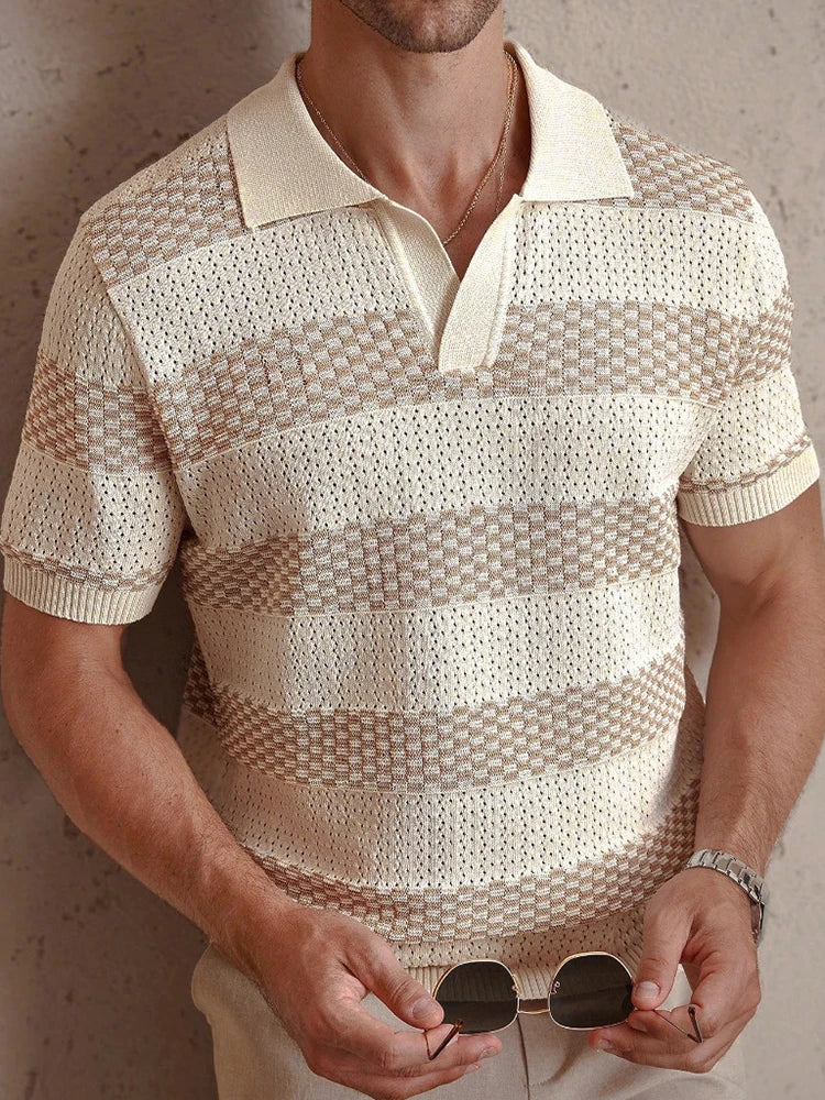 Men Striped Knit Polo Shirt Short Sleeve