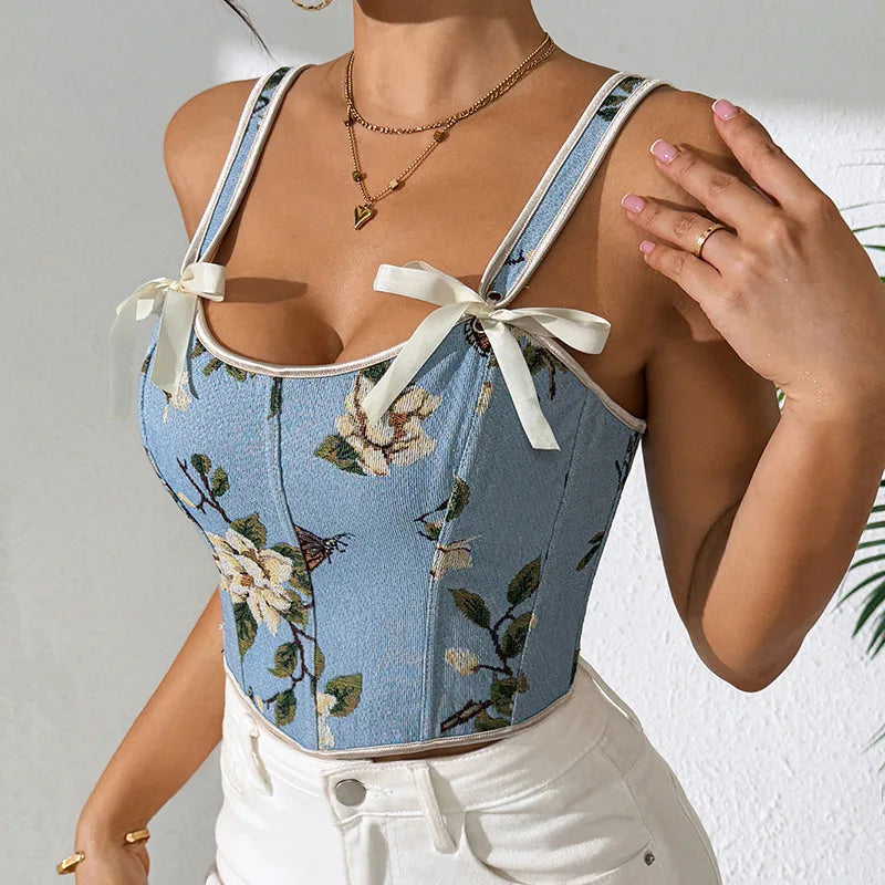 Women’s Floral Print Crop Top – Double Strap Sleeveless Camisole