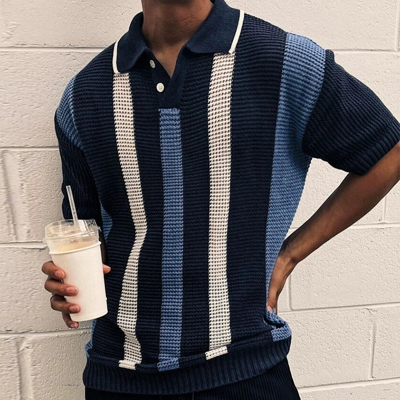 Men Striped Knit Polo Shirt Short Sleeve