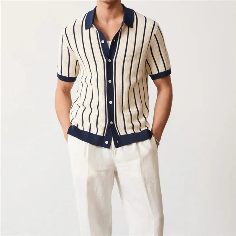 Men’s Summer Striped Knit Polo Shirt Short Sleeve