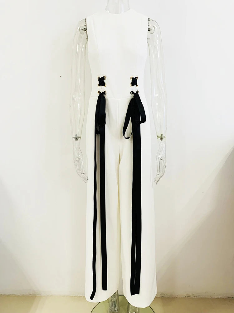 Women’s Sleeveless Ribbon Lace-Up Jumpsuit – High Street 2026 Runway Style