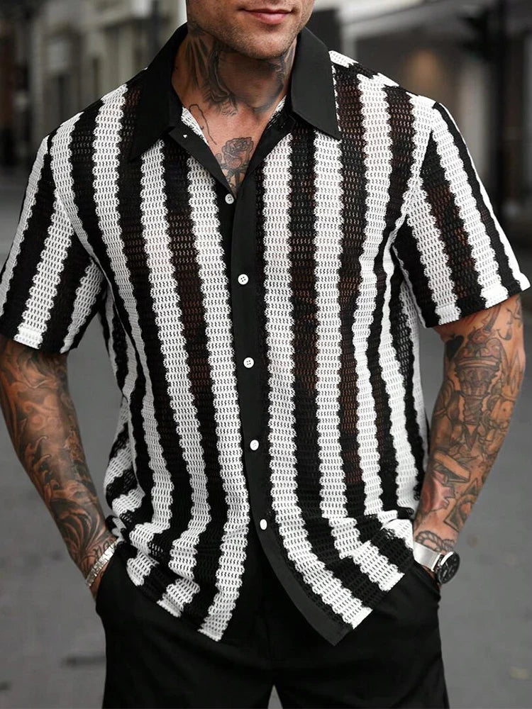Men Striped Knit Shirt Short Sleeve