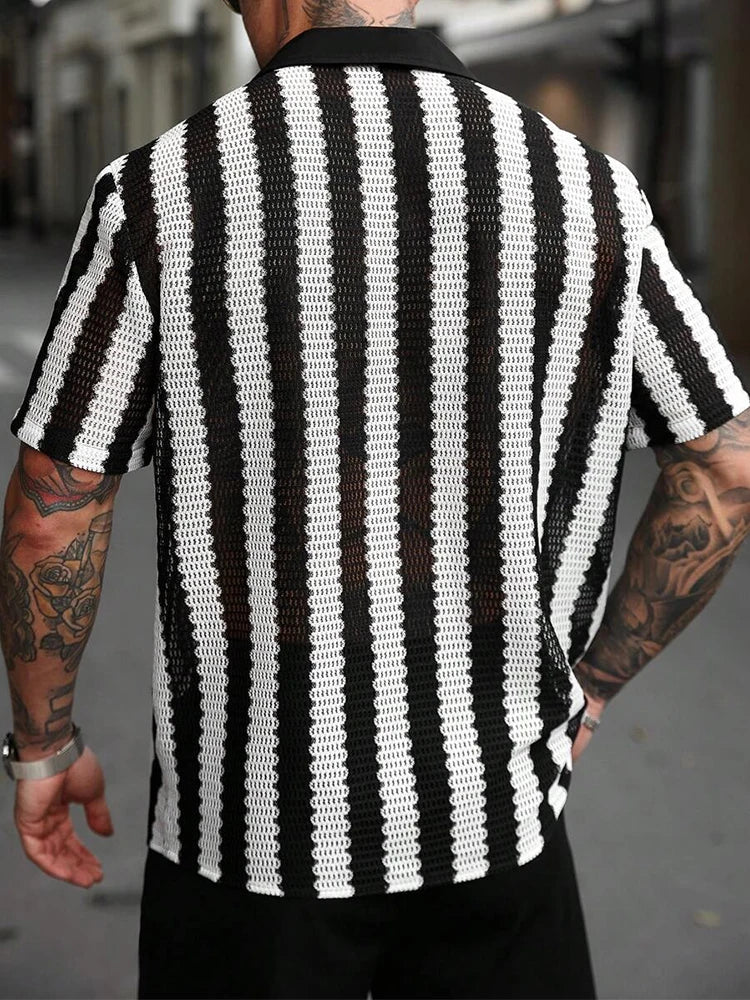 Men Striped Knit Shirt Short Sleeve