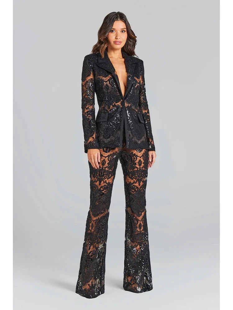 Women’s Guipure Lace Blazer & Flare Pants Set – High Street Designer