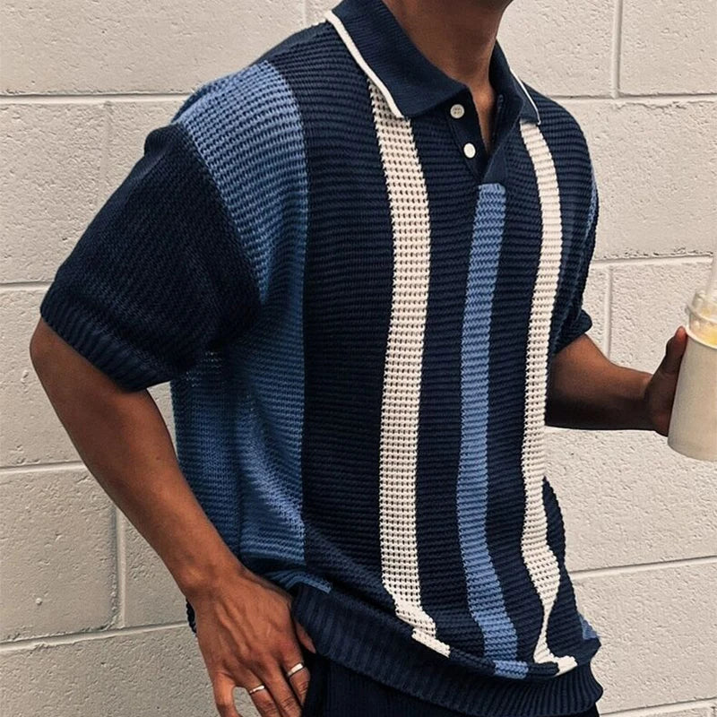 Men Striped Knit Polo Shirt Short Sleeve
