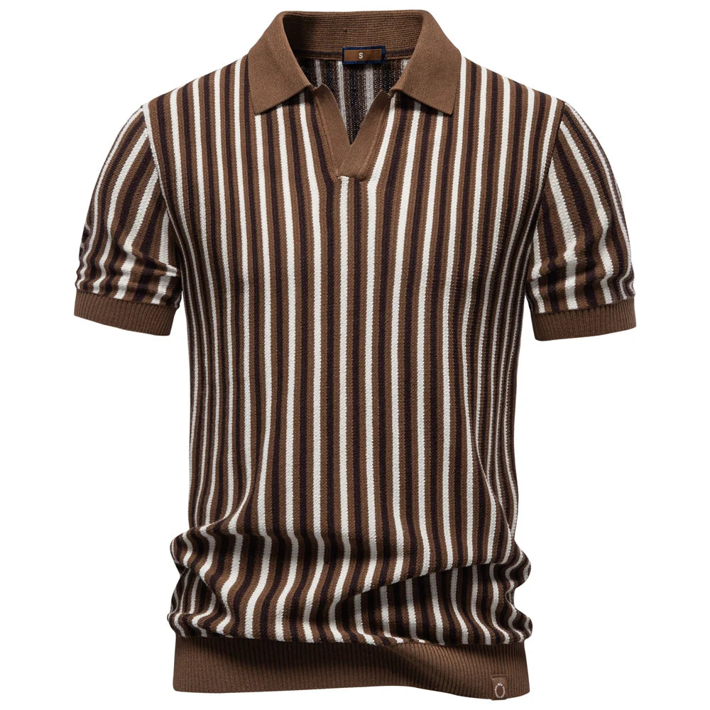 Men Summer Polo Shirt Short Sleeve Stripe Breathable Casual