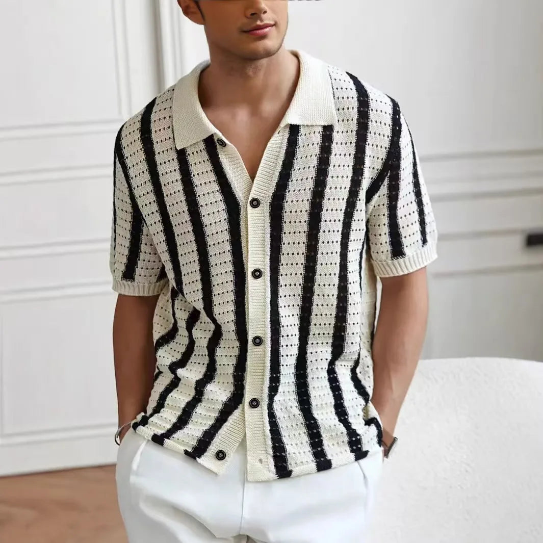 Men Summer Knitted Shirt Short Sleeve Striped
