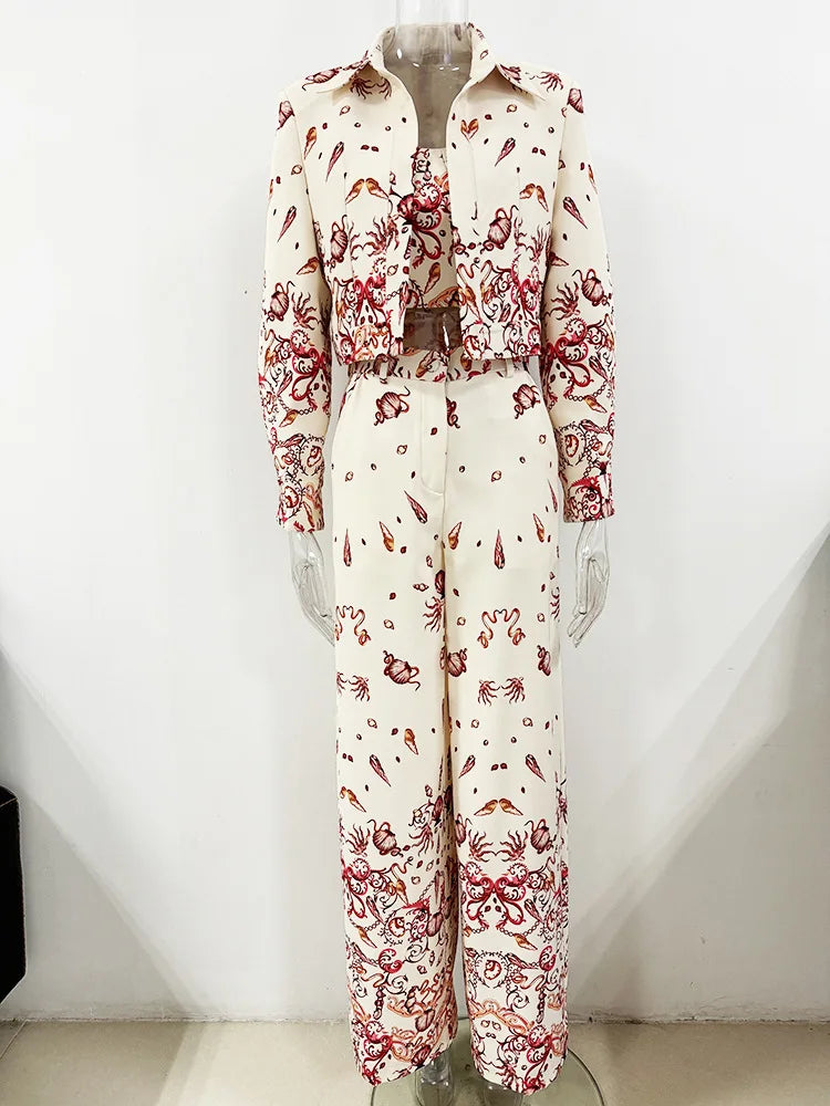 Women’s Sea World Print 3PCS Set – Camisole, Cropped Jacket & Pants Suit