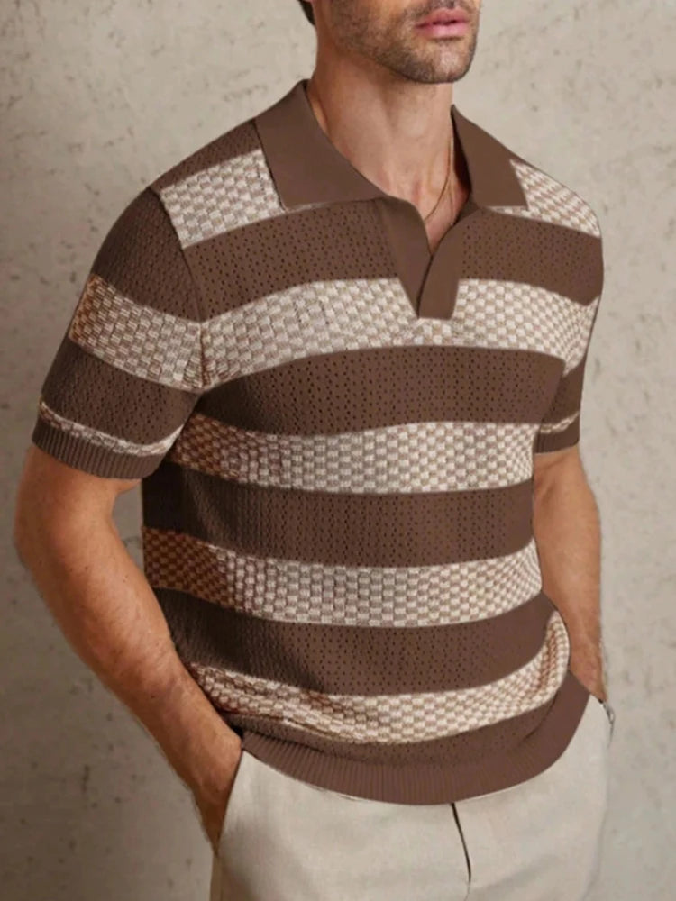 Men Striped Knit Polo Shirt Short Sleeve