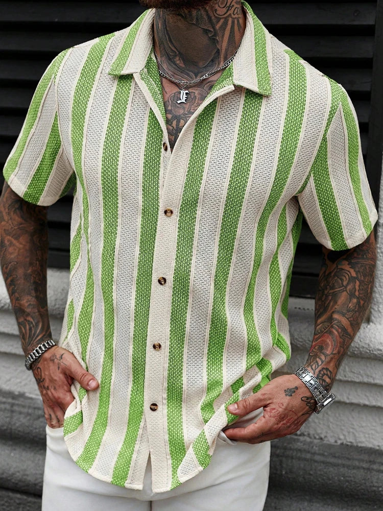 Men Short Sleeve Knit Shirt Button Up