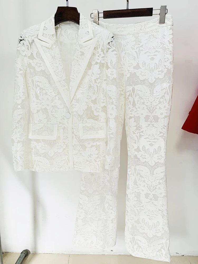Women’s Guipure Lace Blazer & Flare Pants Set – High Street Designer