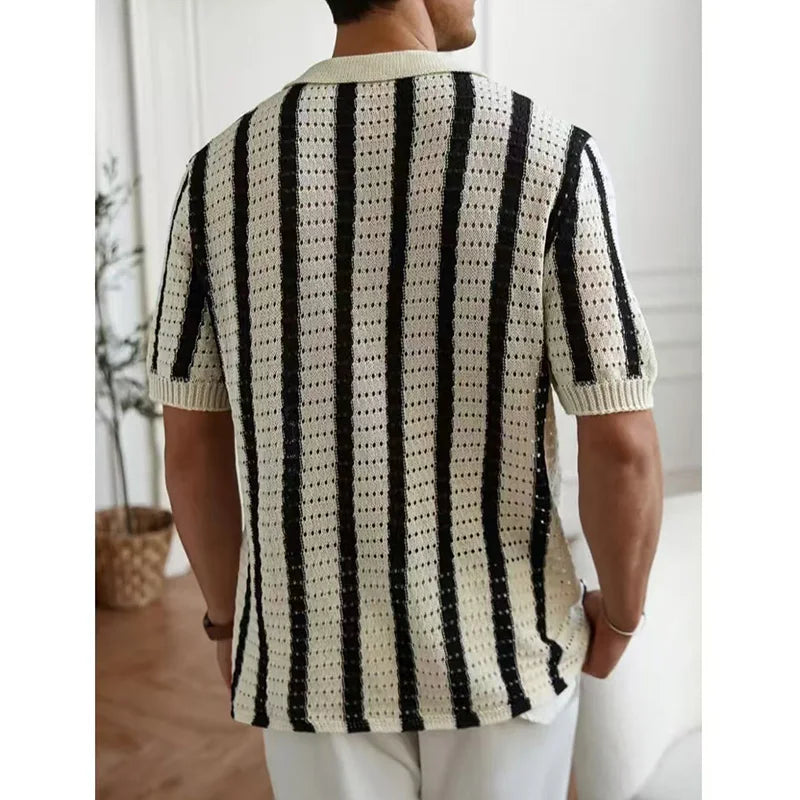 Men Summer Knitted Shirt Short Sleeve Striped