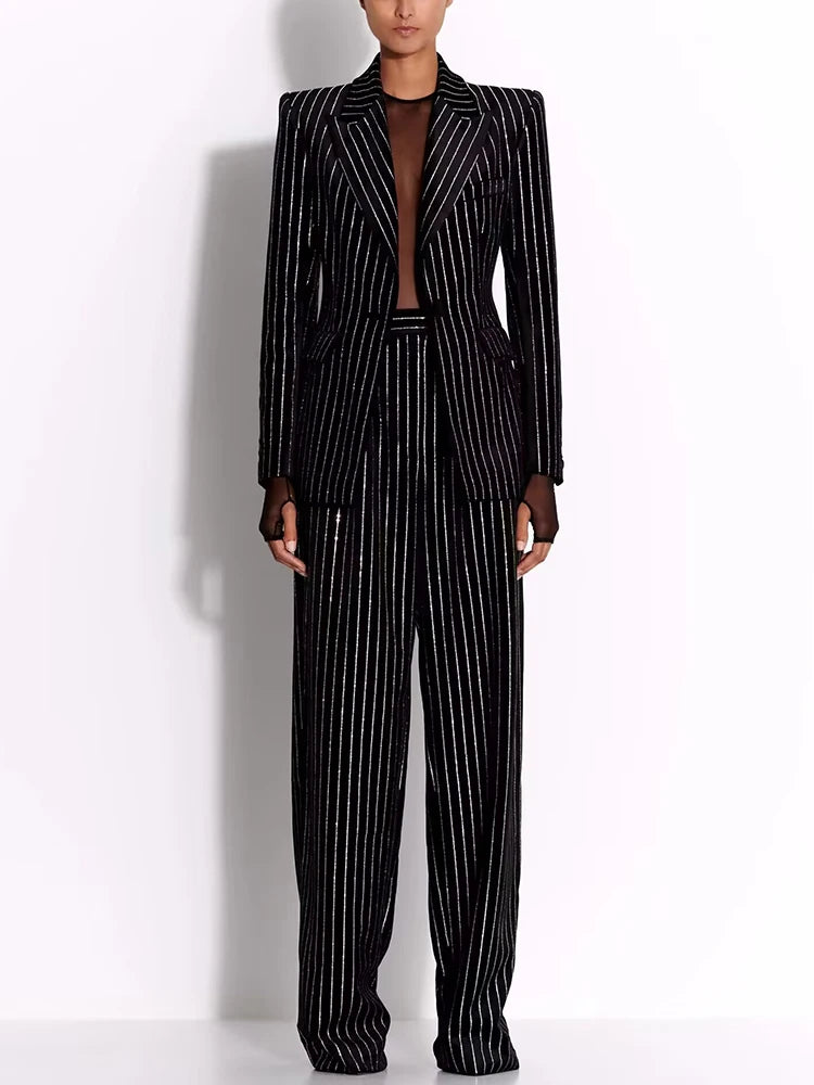 Women’s Striped Diamond Blazer & Pants Set – High Street
