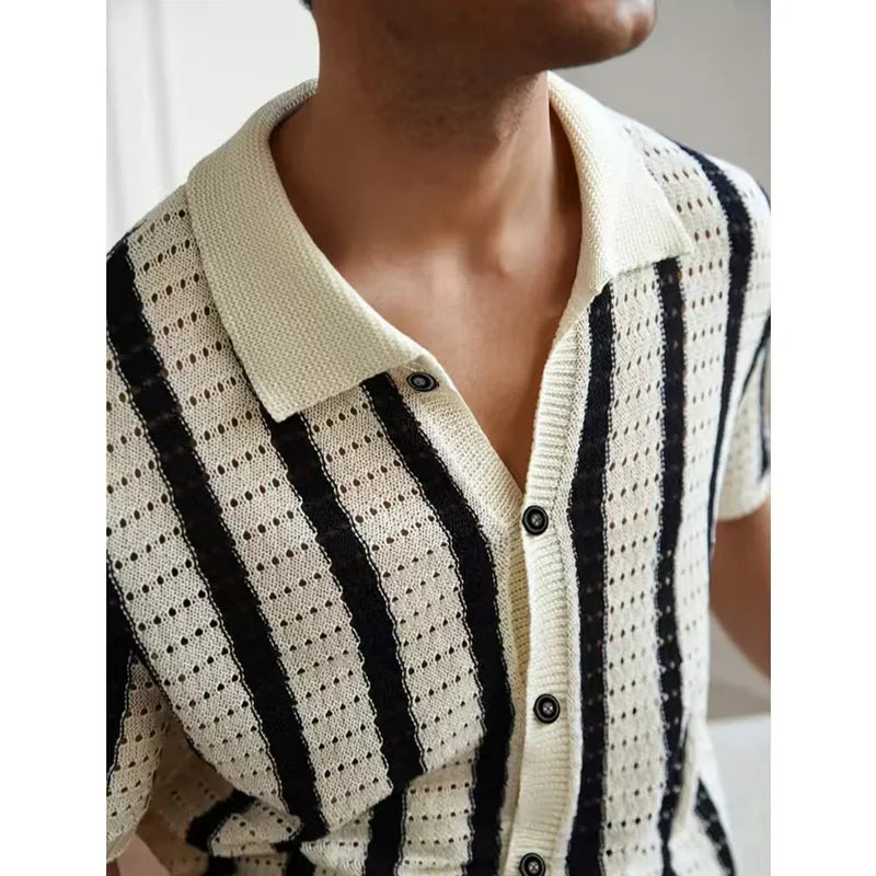 Men Summer Knitted Shirt Short Sleeve Striped