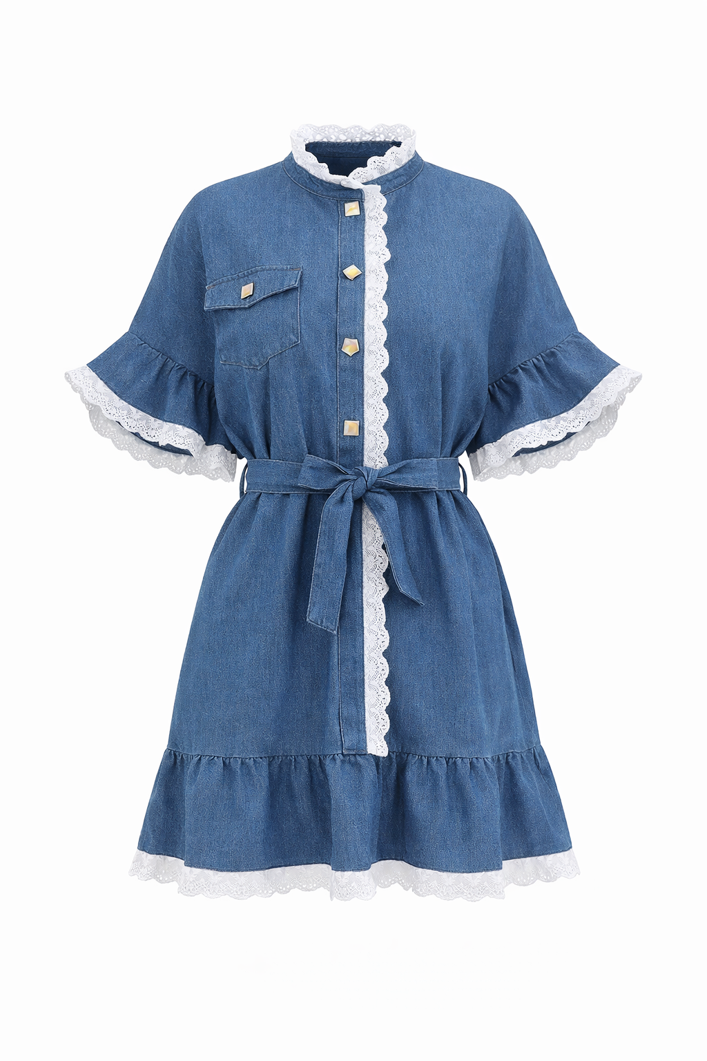 Women’s Lace Patchwork Denim Dress – Short Sleeve