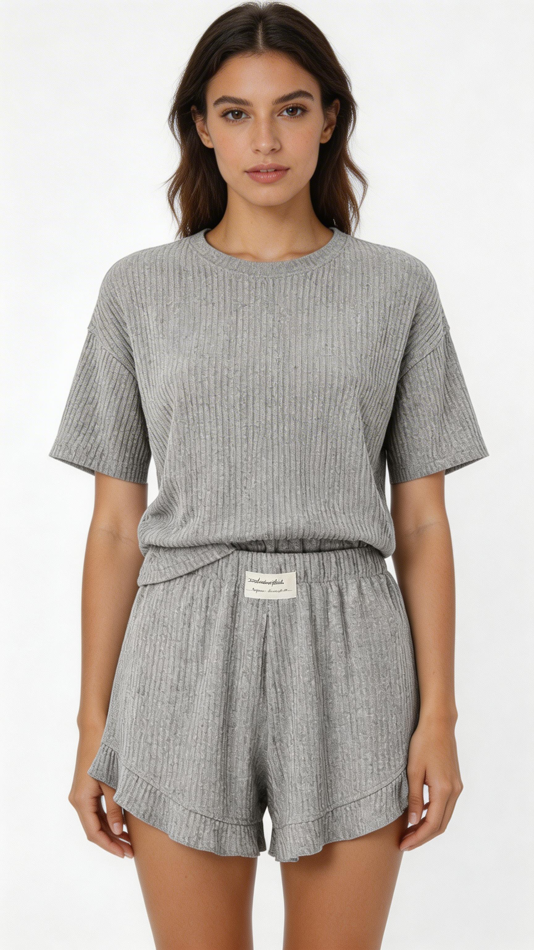 Women Ribbed Pajama Set Short Sleeve Top Shorts Loungewear