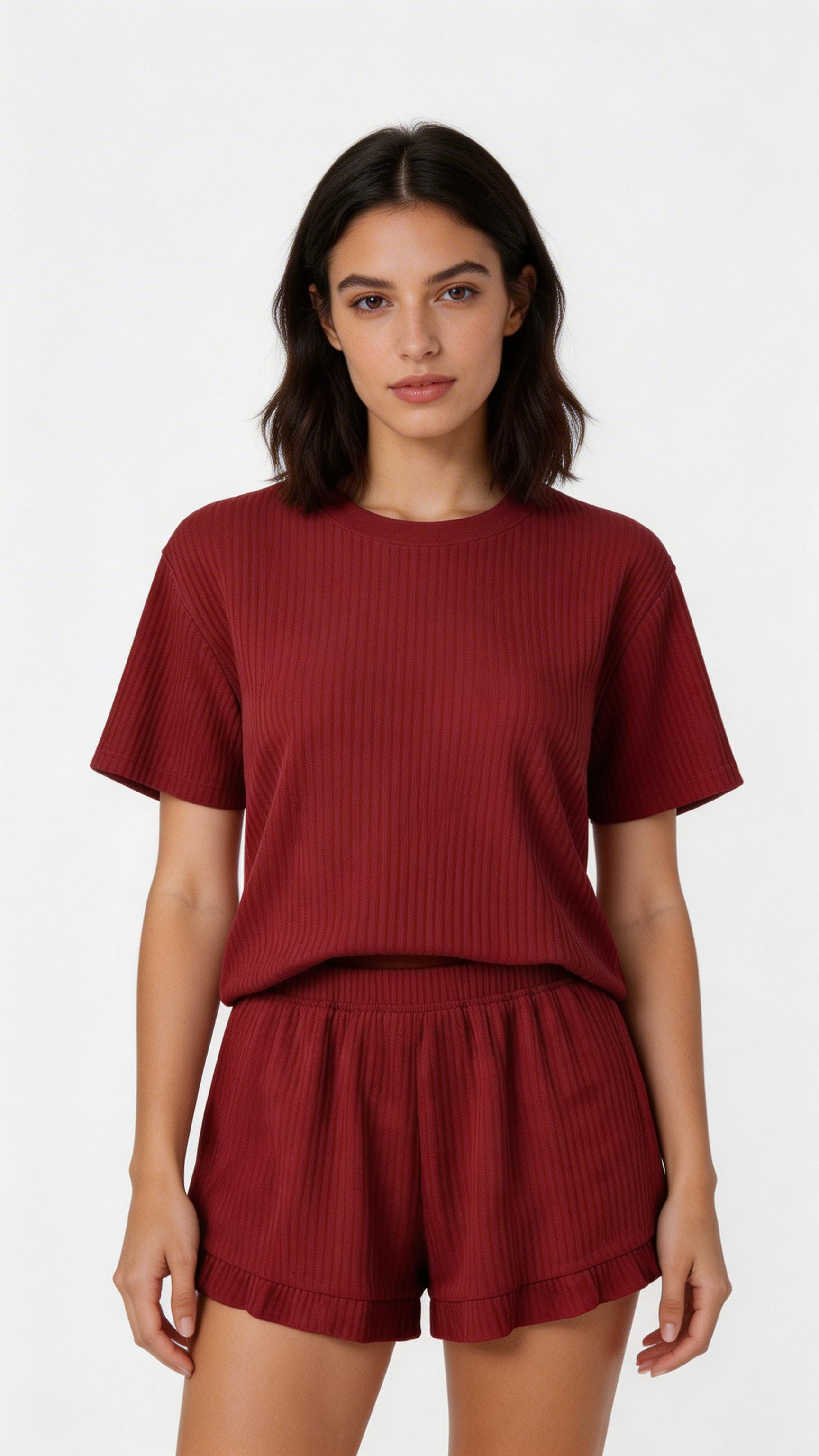 Women Ribbed Pajama Set Short Sleeve Top Shorts Loungewear