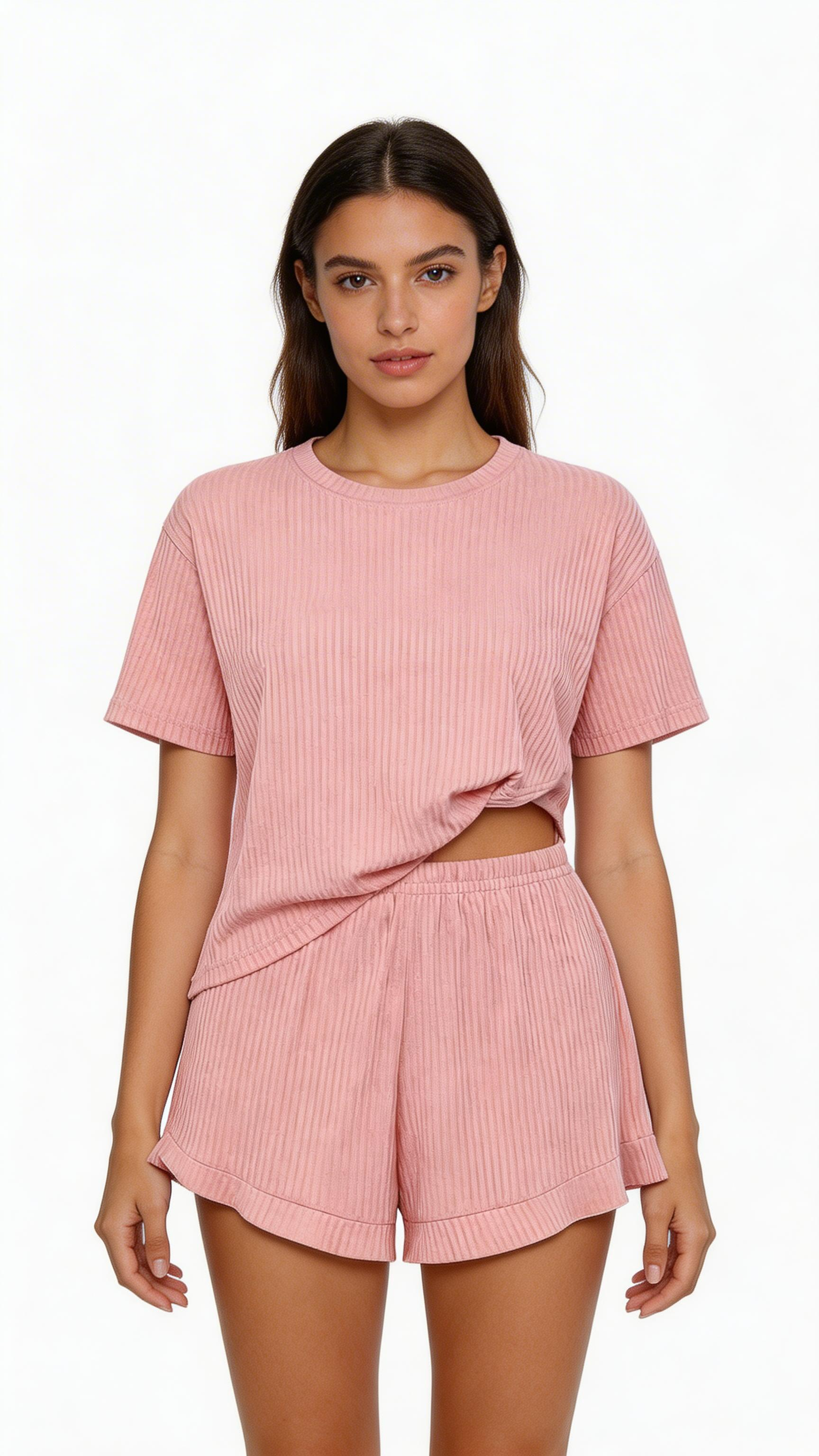Women Ribbed Pajama Set Short Sleeve Top Shorts Loungewear