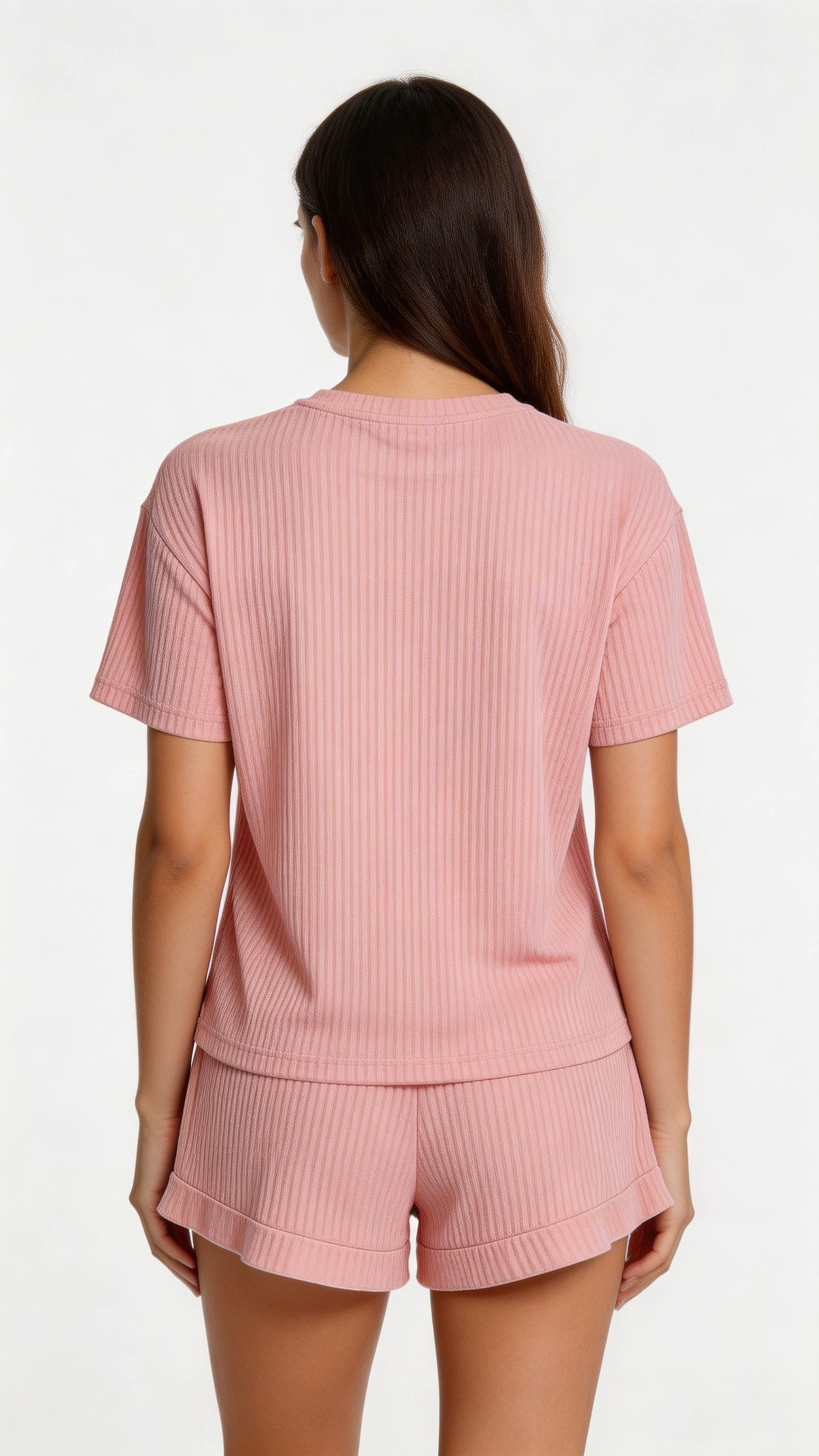 Women Ribbed Pajama Set Short Sleeve Top Shorts Loungewear
