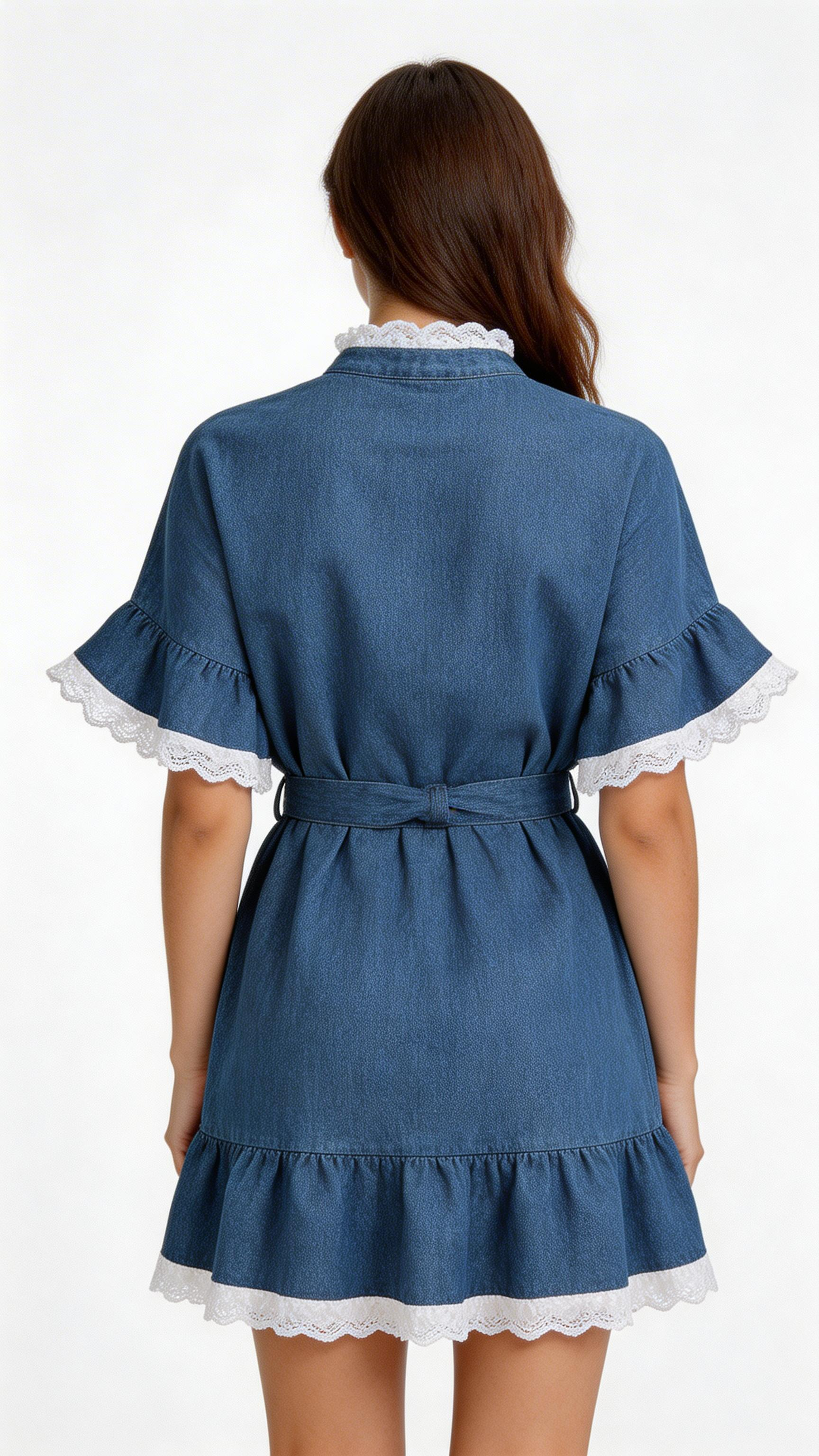 Women’s Lace Patchwork Denim Dress – Short Sleeve