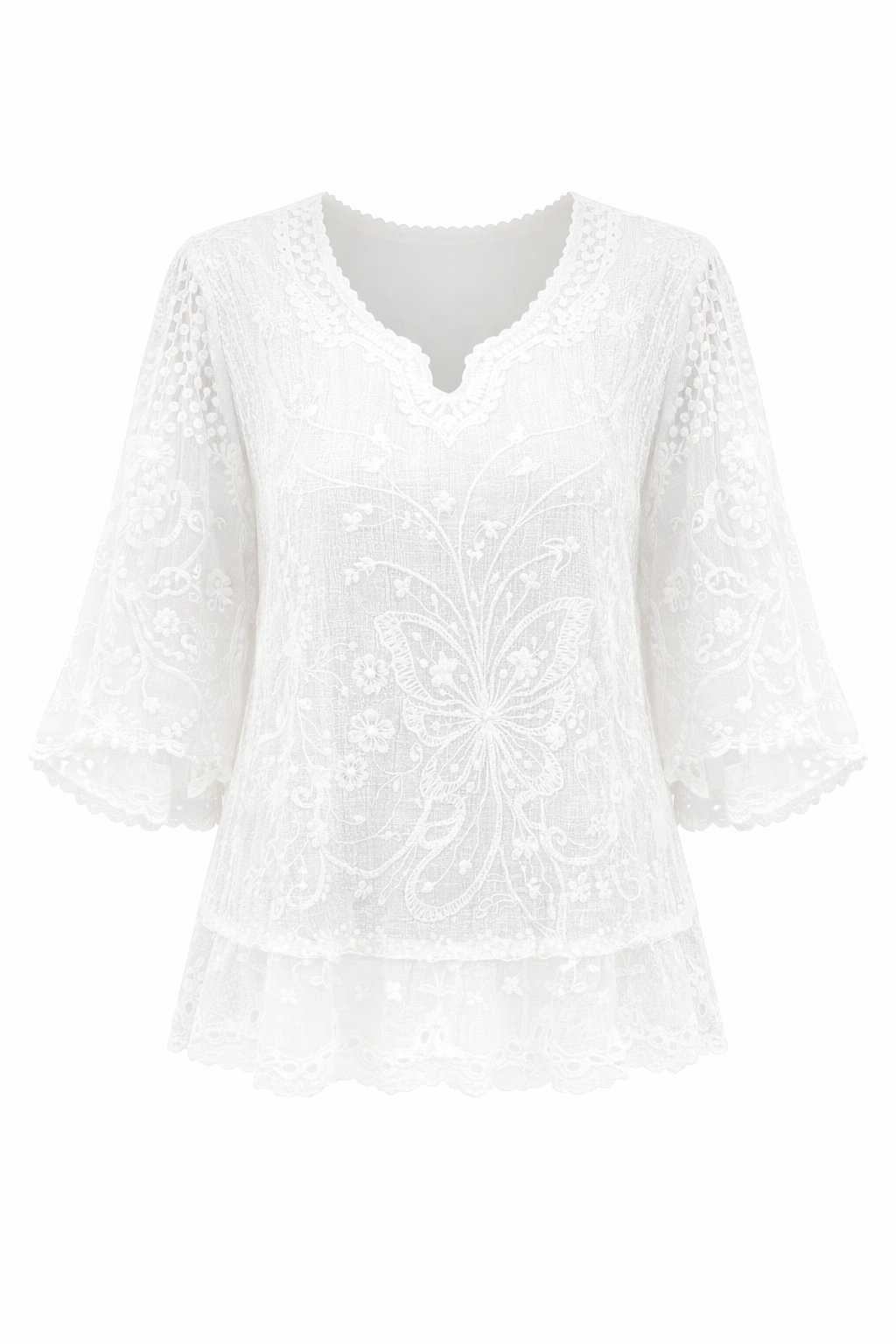 Women’s Lace Trim Chiffon Blouse – Elegant Floral Butterfly Shirt Top