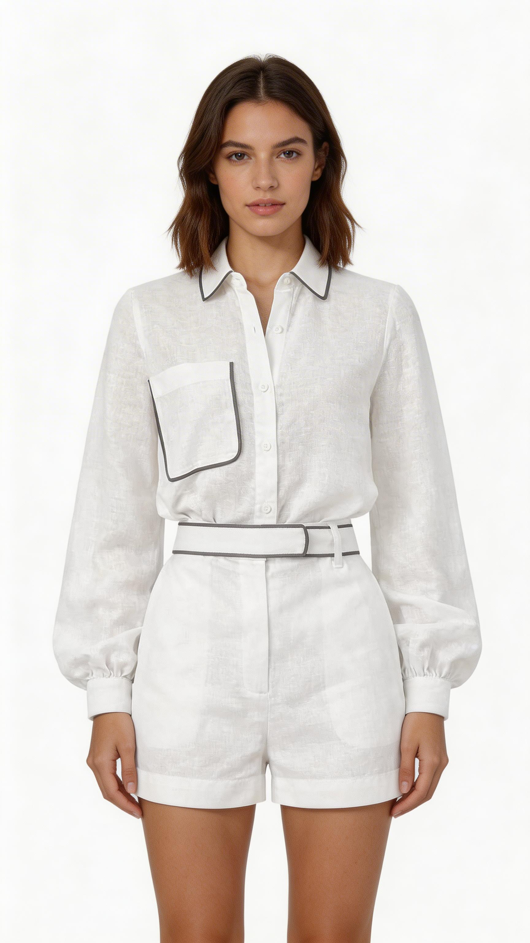 Women’s Cotton Linen Shirt & Shorts Set – Contrast Color Summer Outfit