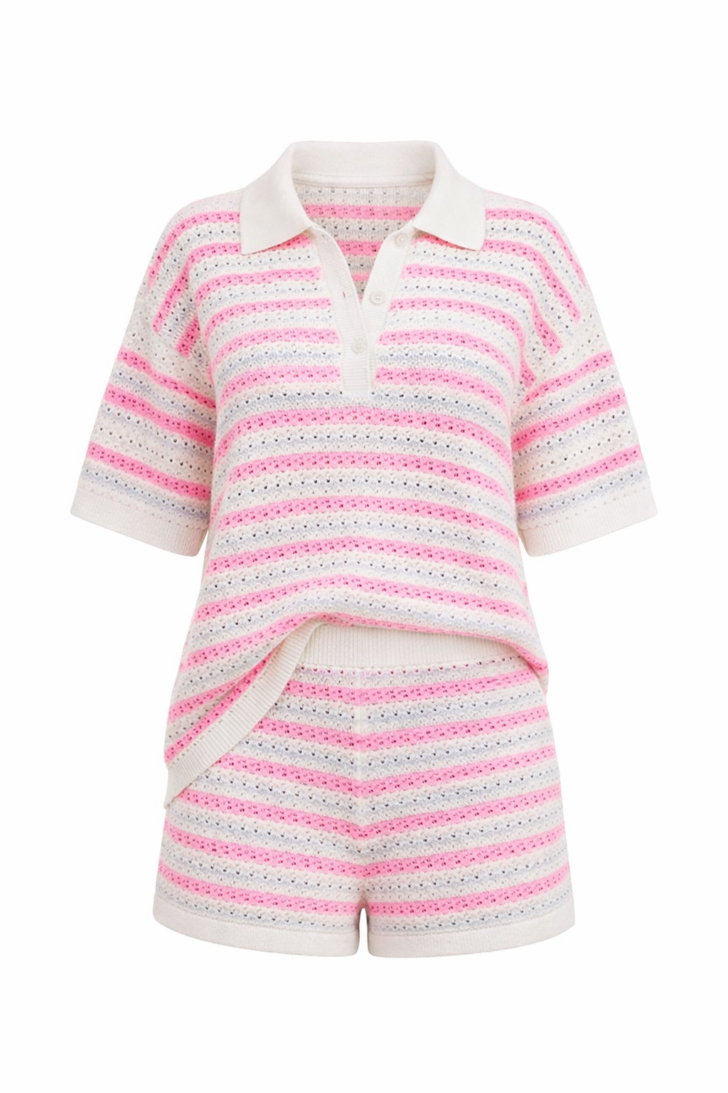 Women’s Knit Cardigan & Shorts Set – Short Sleeve Striped Outfit