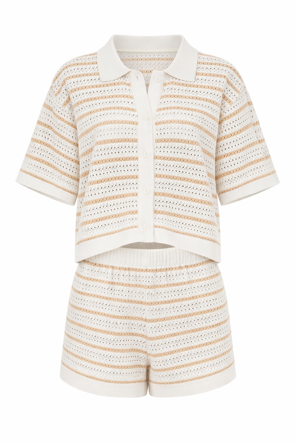 Women’s Knit Cardigan & Shorts Set – Short Sleeve Striped Outfit