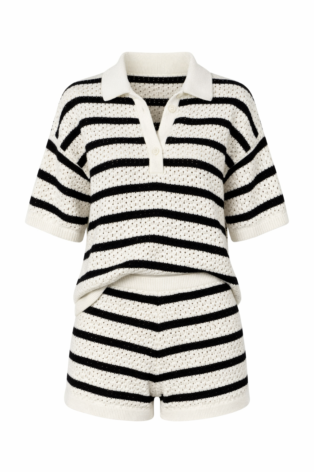 Women’s Knit Cardigan & Shorts Set – Short Sleeve Striped Outfit