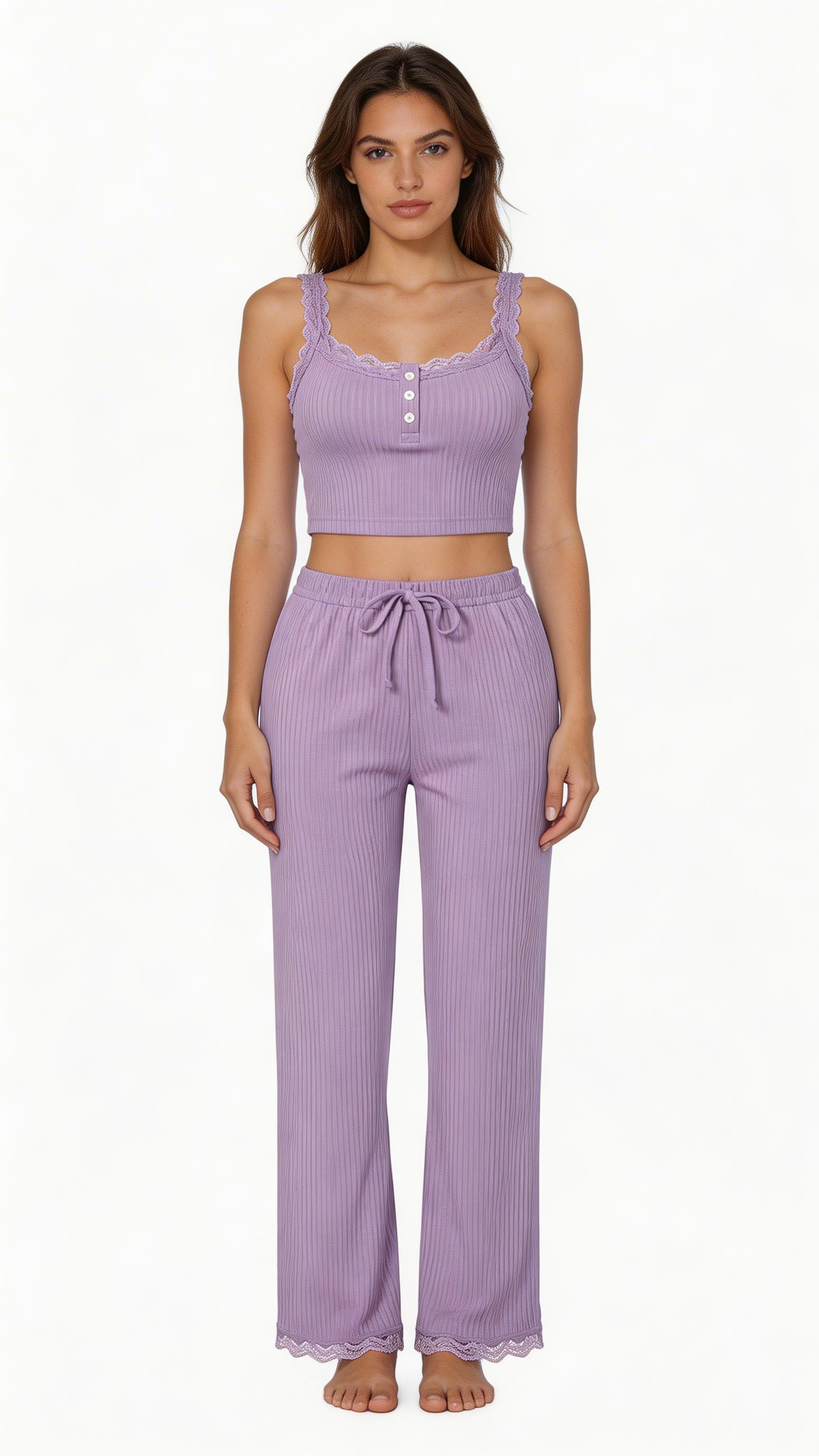Women’s Lace Trim 2-Piece Pajama Set – Slim Fit Camisole & Pants Sleepwear