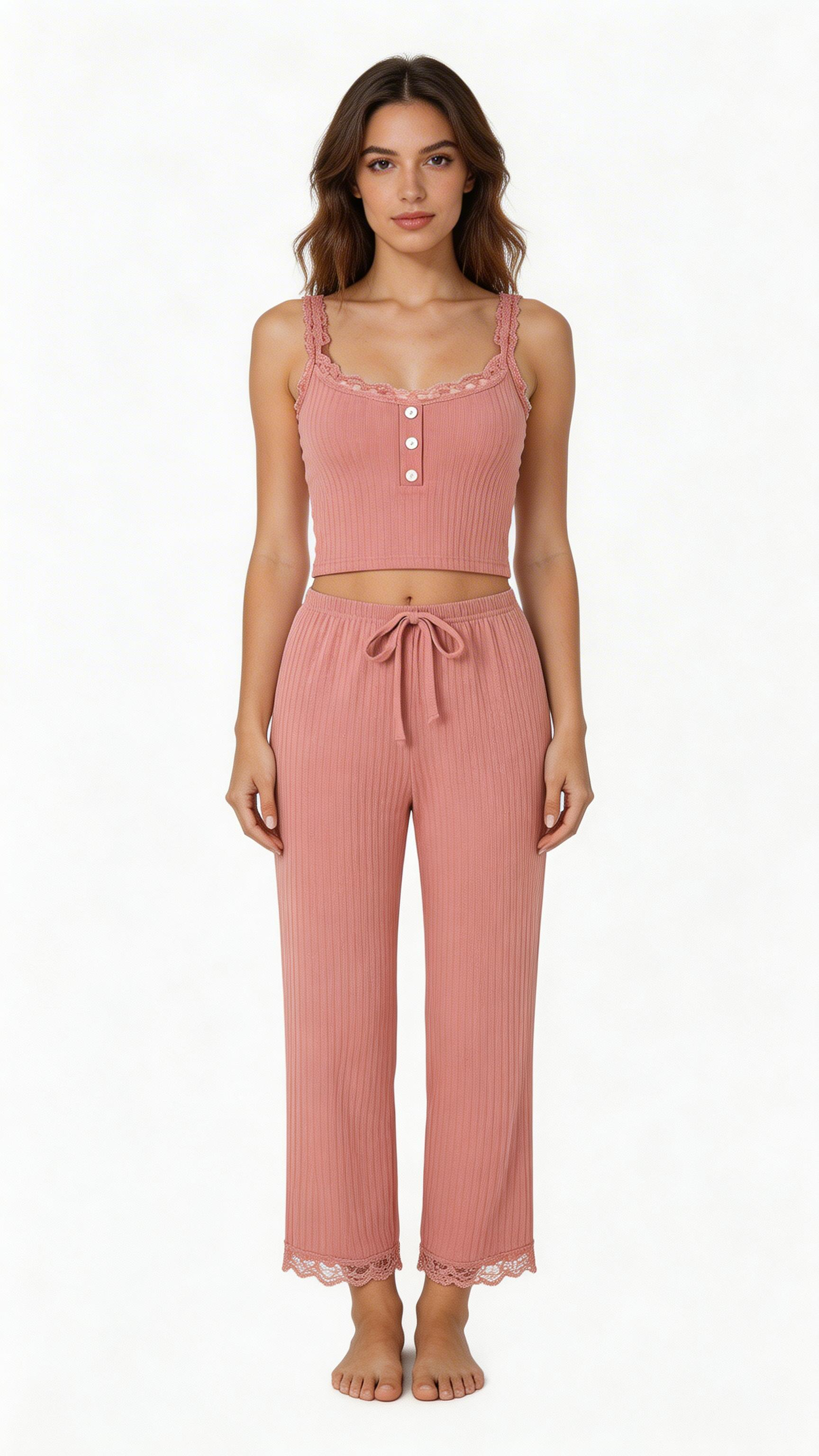 Women’s Lace Trim 2-Piece Pajama Set – Slim Fit Camisole & Pants Sleepwear