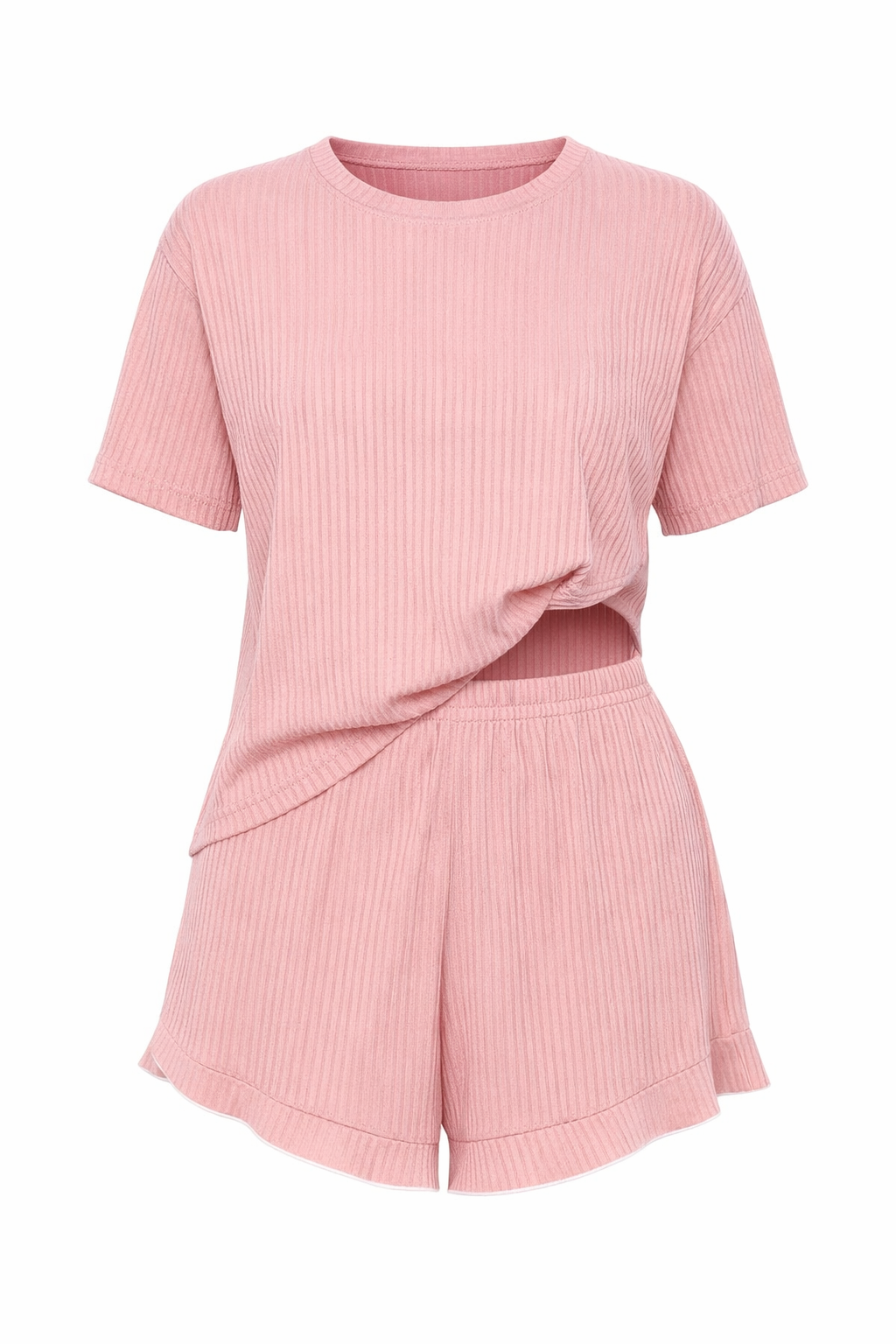 Women Ribbed Pajama Set Short Sleeve Top Shorts Loungewear