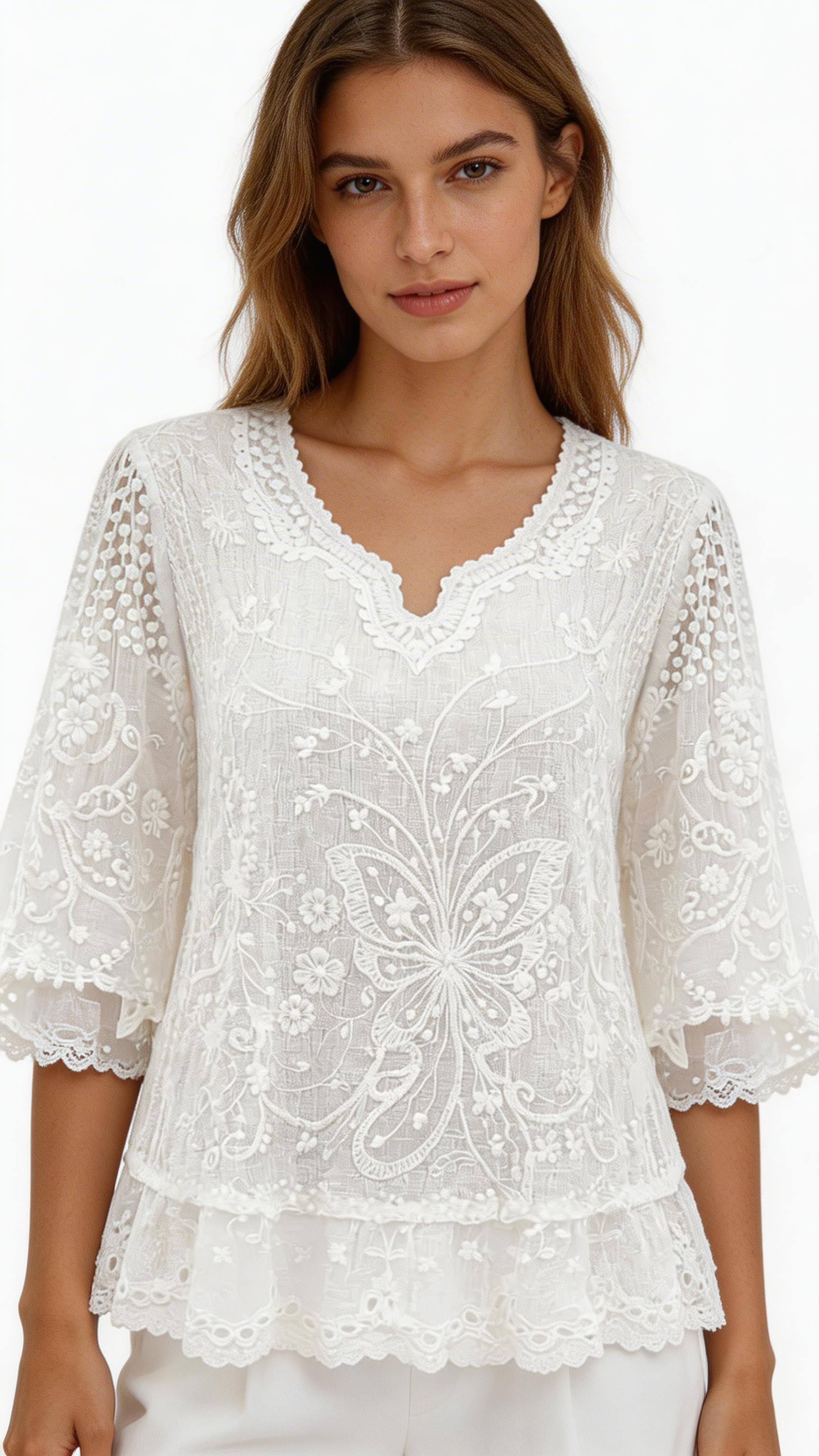 Women’s Lace Trim Chiffon Blouse – Elegant Floral Butterfly Shirt Top