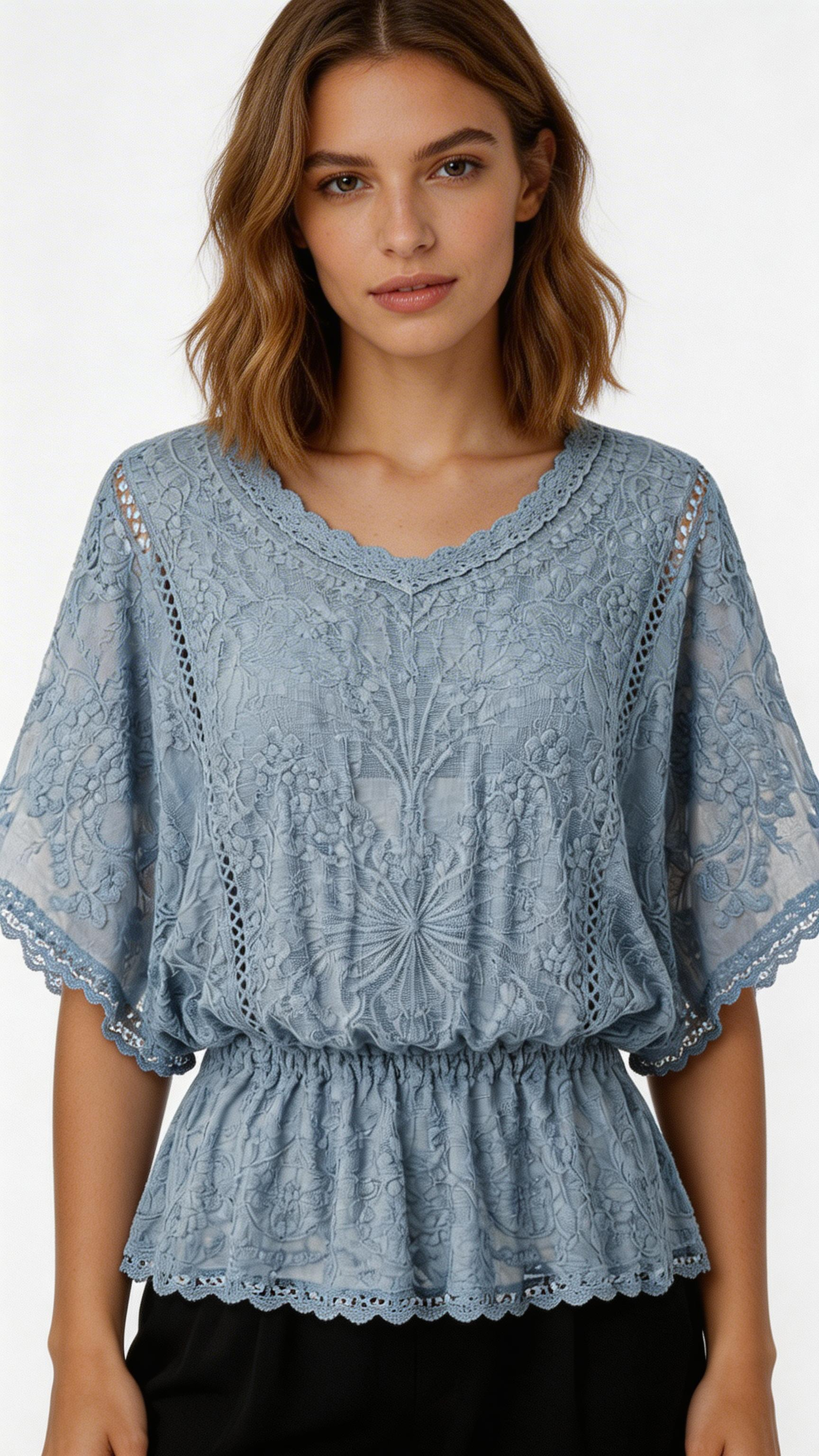 Women’s Lace Trim Chiffon Blouse – Elegant Floral Butterfly Shirt Top
