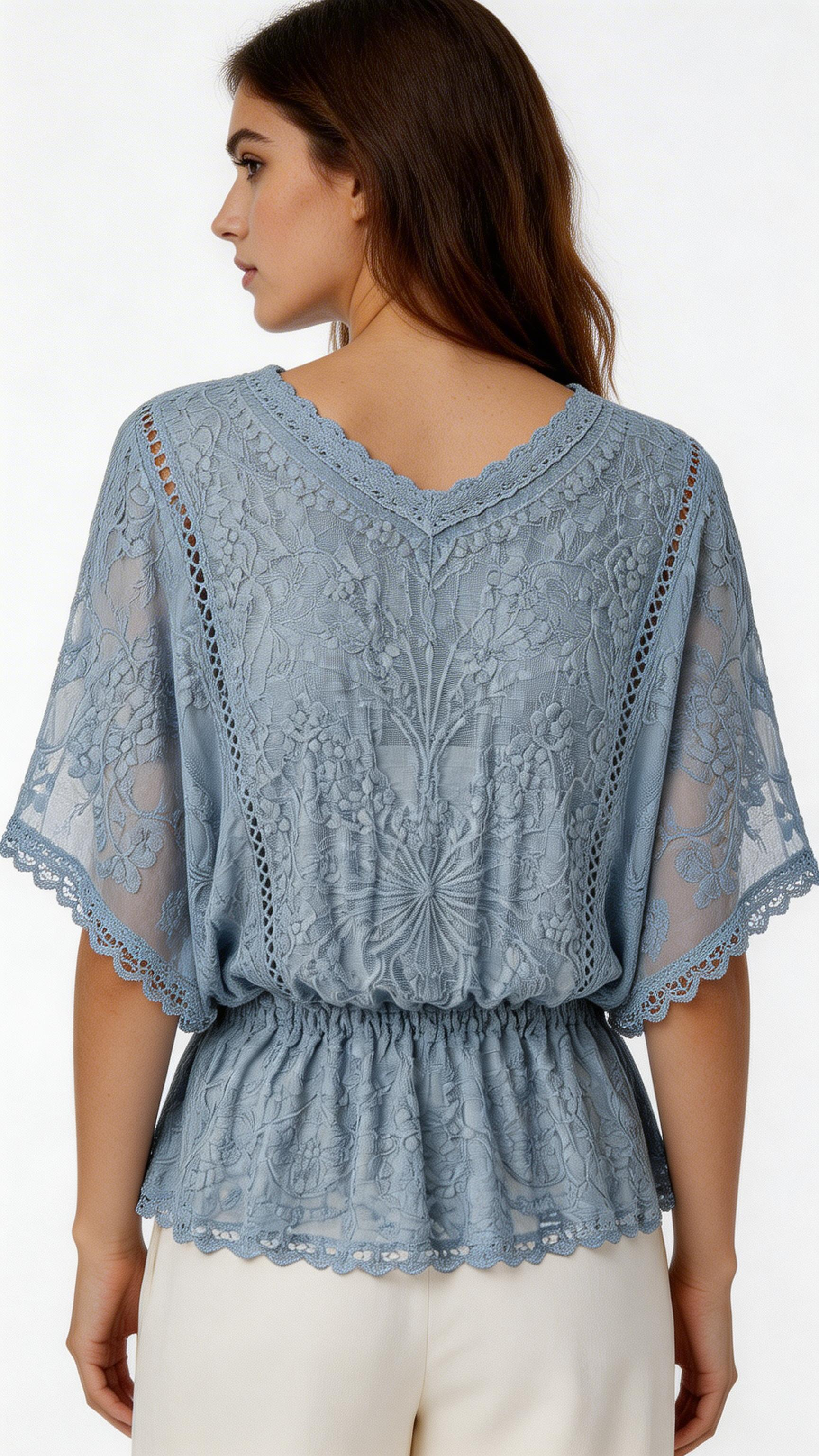 Women’s Lace Trim Chiffon Blouse – Elegant Floral Butterfly Shirt Top