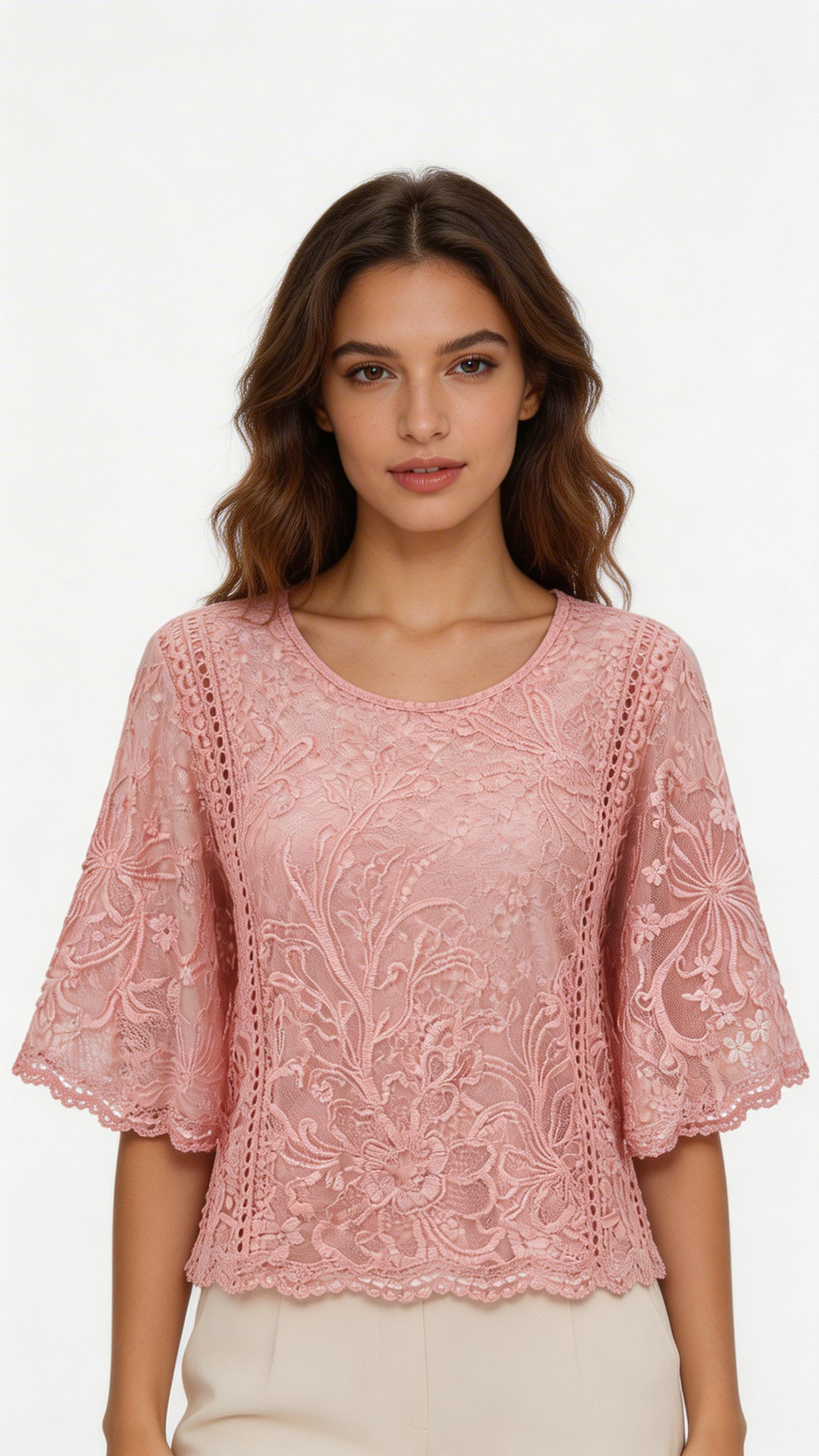 Women’s Lace Trim Chiffon Blouse – Elegant Floral Butterfly Shirt Top