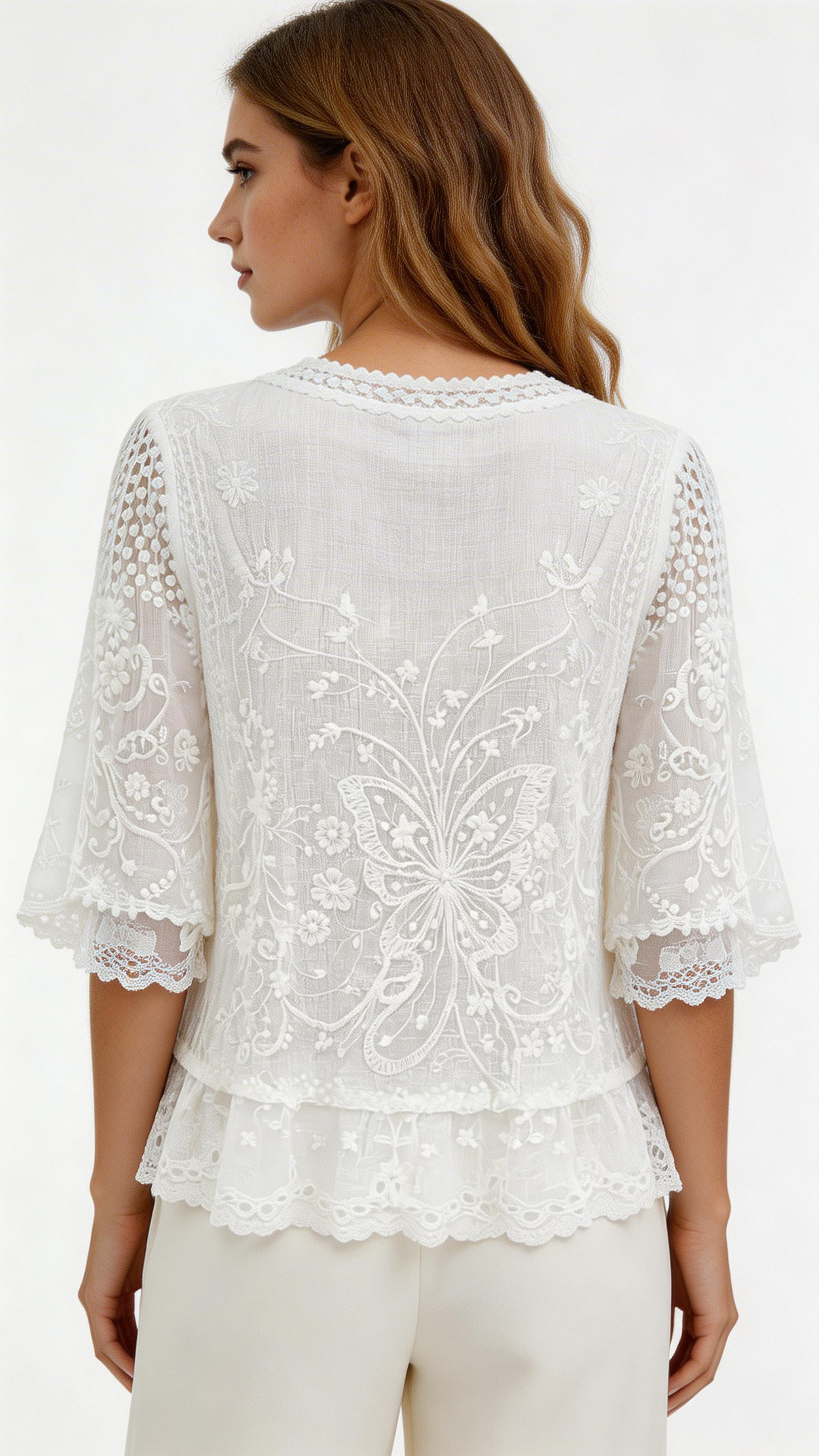 Women’s Lace Trim Chiffon Blouse – Elegant Floral Butterfly Shirt Top