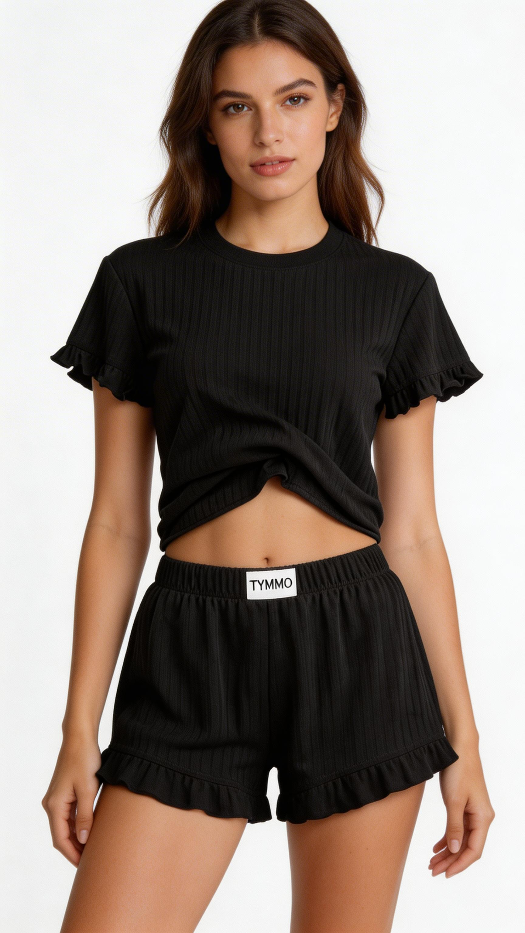 Women Ribbed Pajama Set Short Sleeve Top Shorts Loungewear