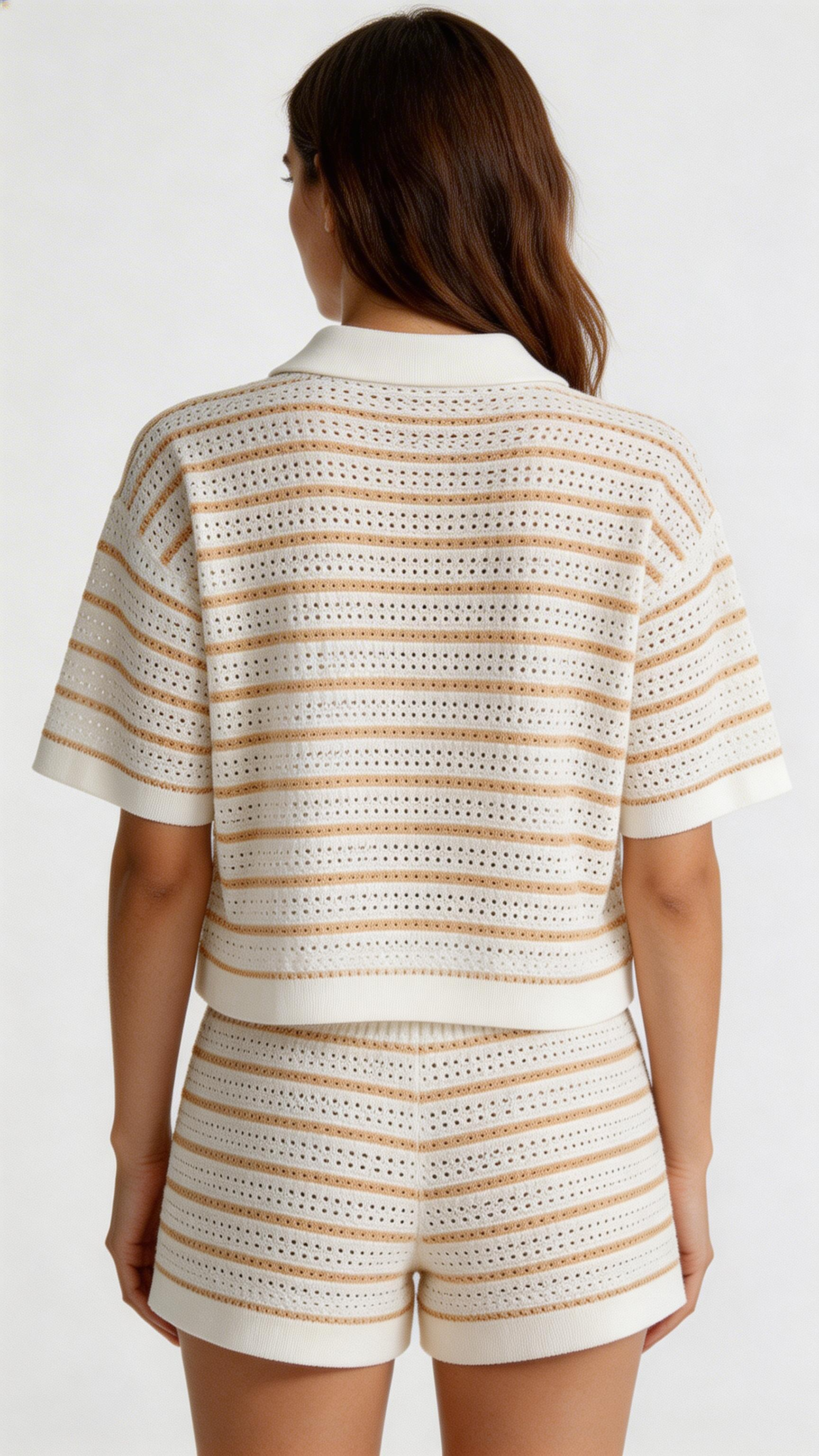 Women’s Knit Cardigan & Shorts Set – Short Sleeve Striped Outfit
