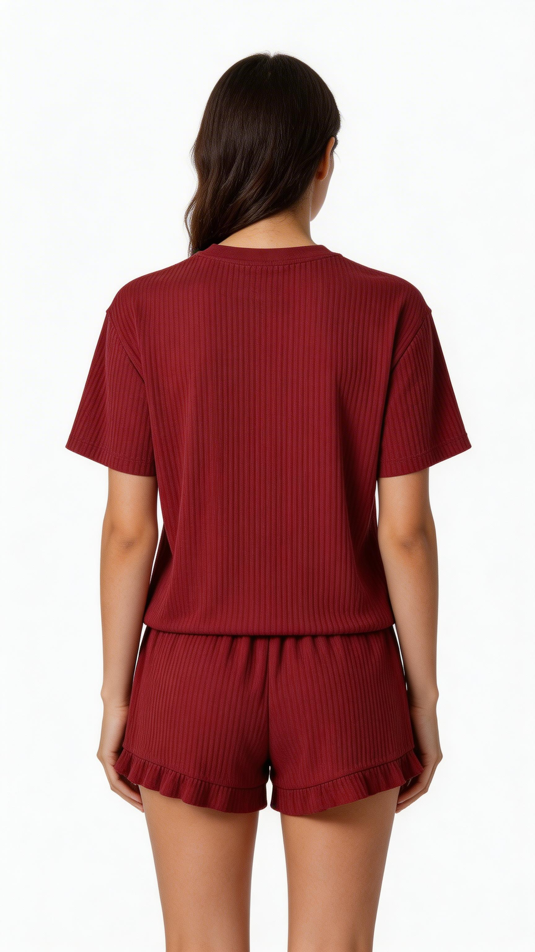 Women Ribbed Pajama Set Short Sleeve Top Shorts Loungewear
