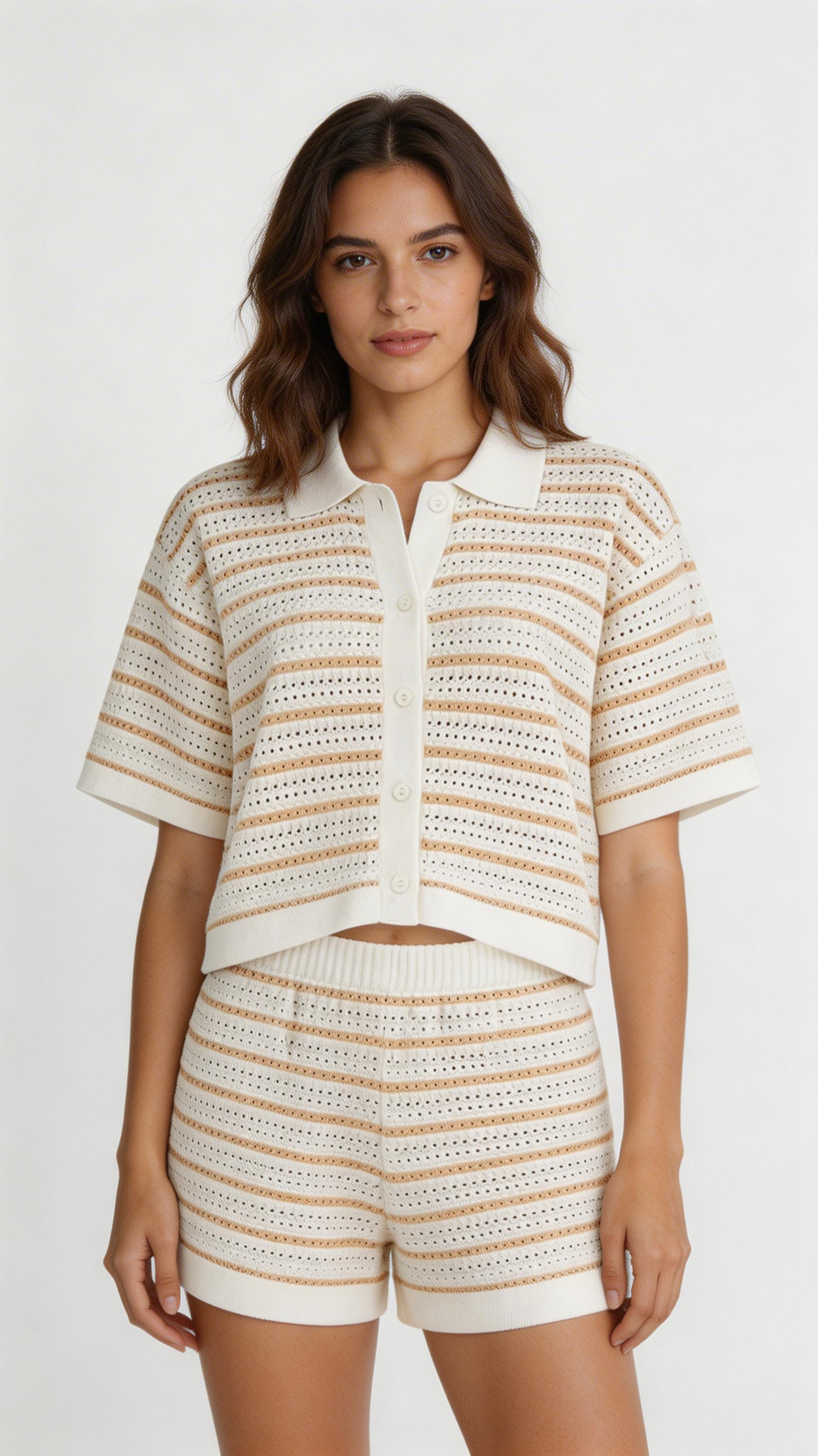 Women’s Knit Cardigan & Shorts Set – Short Sleeve Striped Outfit