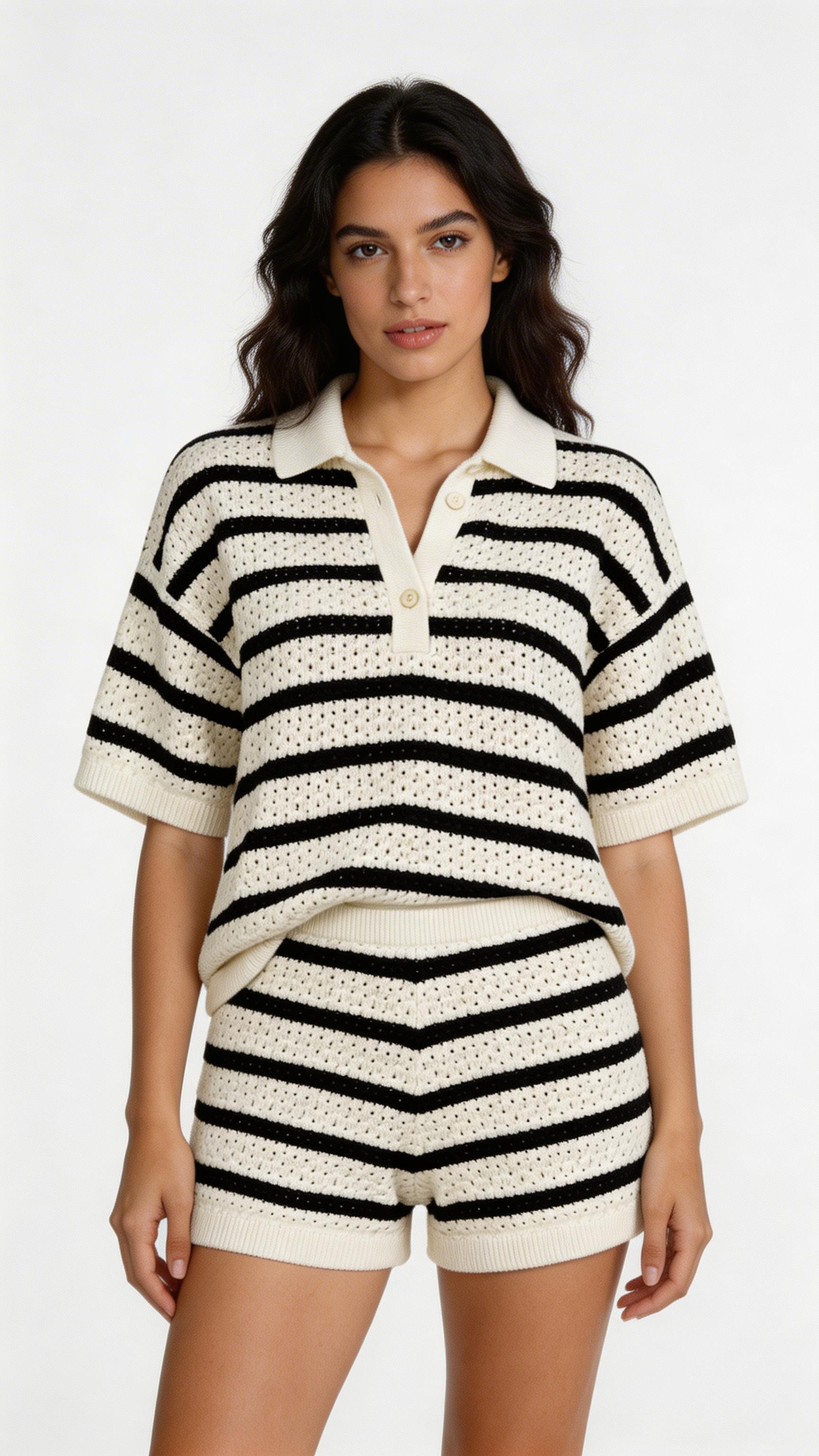 Women’s Knit Cardigan & Shorts Set – Short Sleeve Striped Outfit