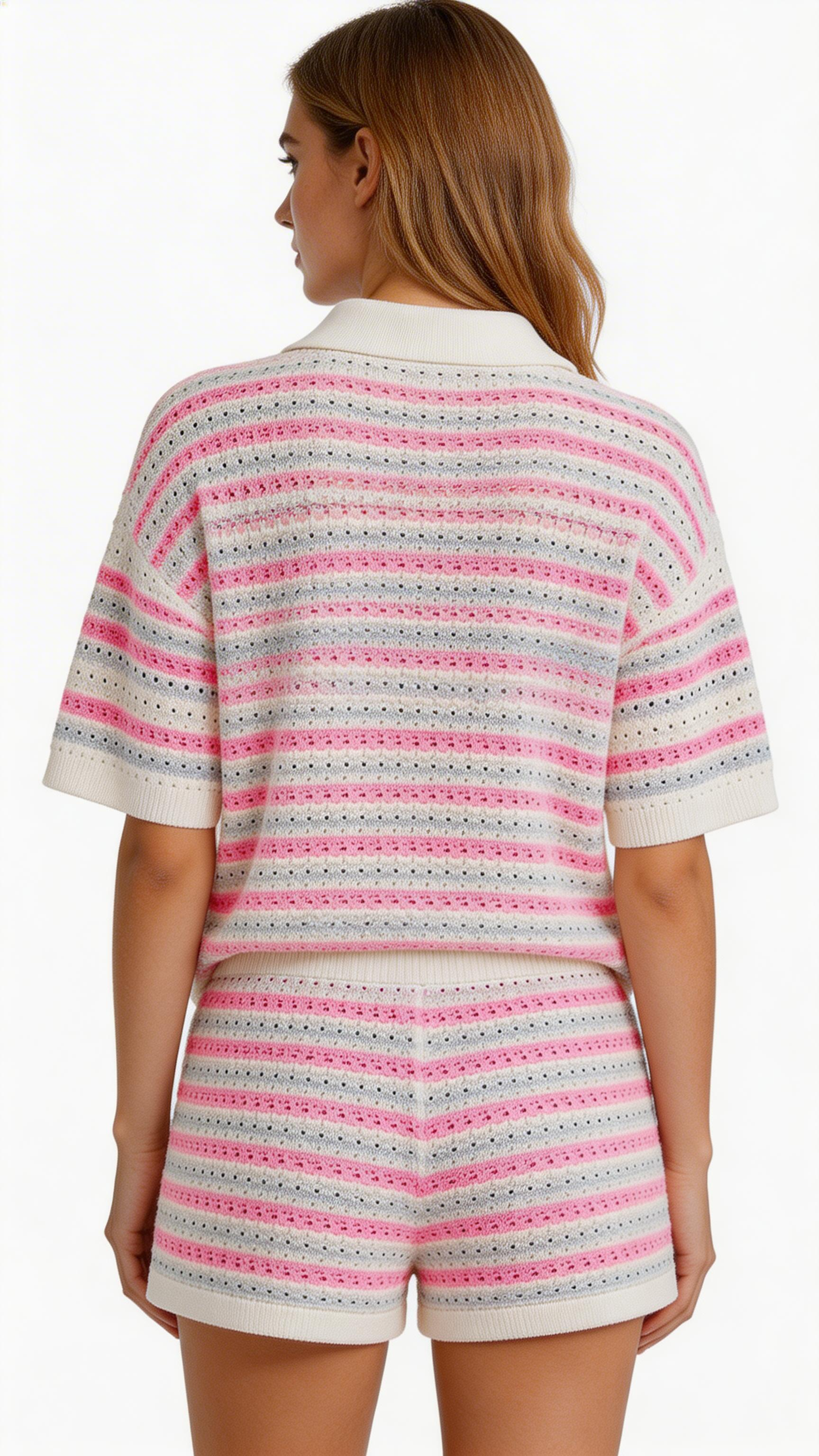 Women’s Knit Cardigan & Shorts Set – Short Sleeve Striped Outfit