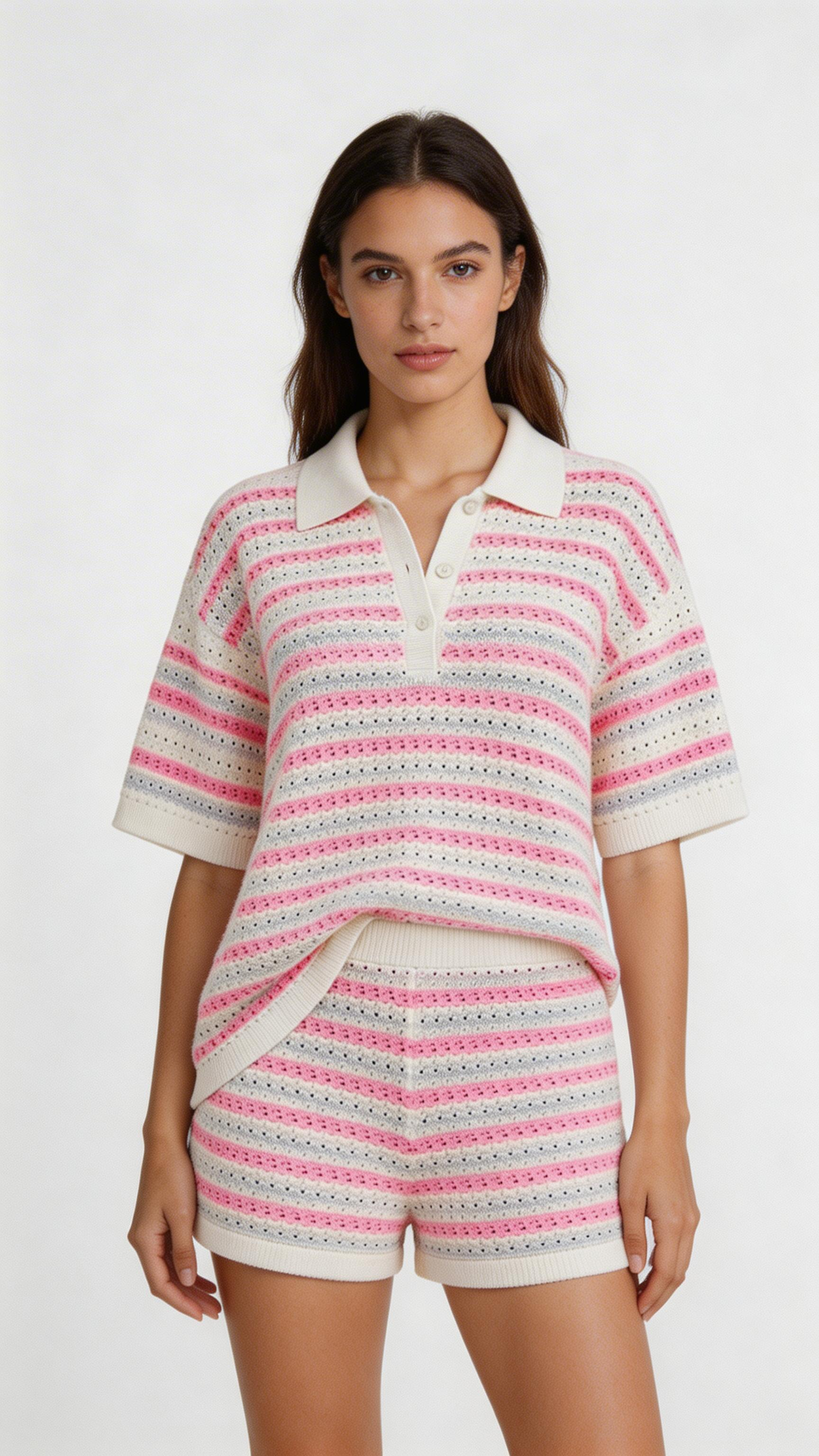 Women’s Knit Cardigan & Shorts Set – Short Sleeve Striped Outfit