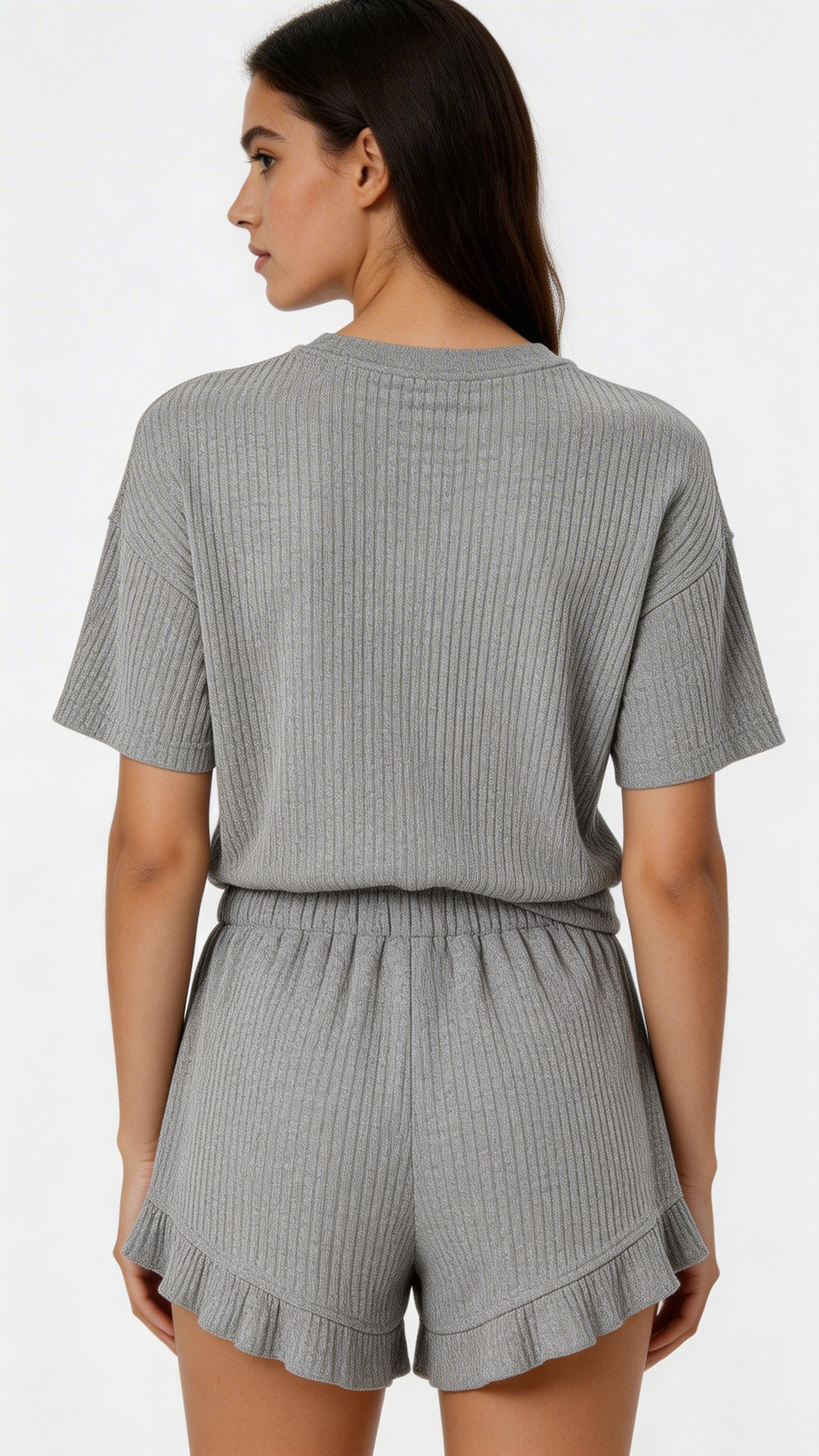 Women Ribbed Pajama Set Short Sleeve Top Shorts Loungewear
