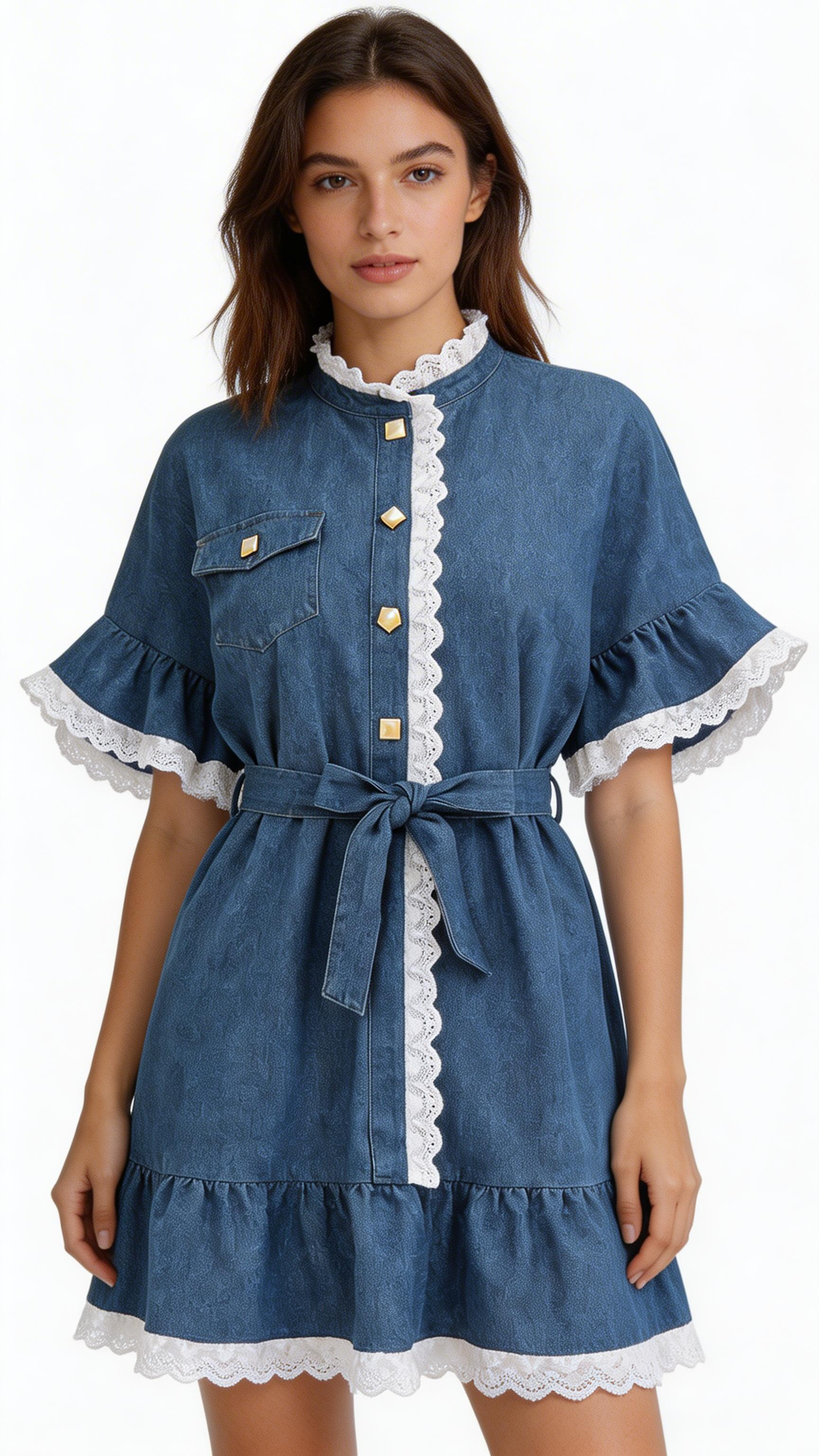 Women’s Lace Patchwork Denim Dress – Short Sleeve
